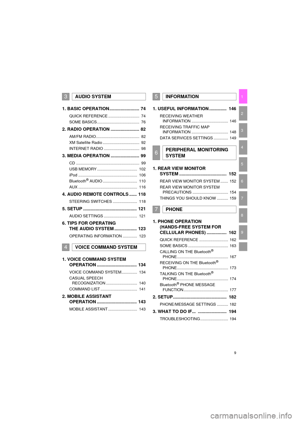 TOYOTA CAMRY 2016 XV50 / 9.G Navigation Manual 9
Camry_Navi_U
1
2
3
4
5
6
7
9
8
1. BASIC OPERATION ........................ 74
QUICK REFERENCE ............................  74
SOME BASICS ......................................  76
2. RADIO OPERATI