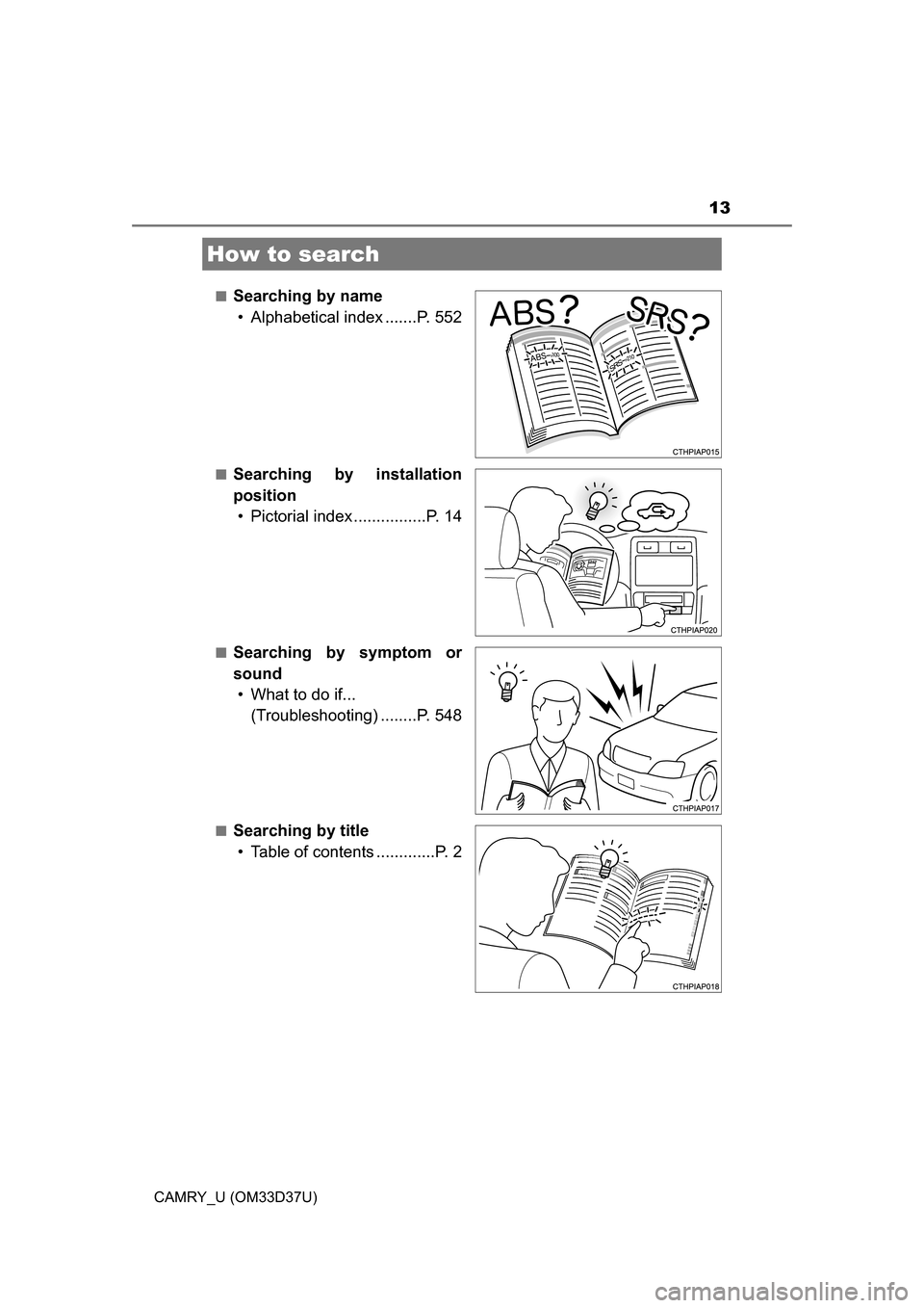 TOYOTA CAMRY 2016 XV50 / 9.G User Guide 13
CAMRY_U (OM33D37U)■
Searching by name
• Alphabetical index .......P. 552
■Searching by installation
position• Pictorial index ................P. 14
■Searching by symptom or
sound• What 