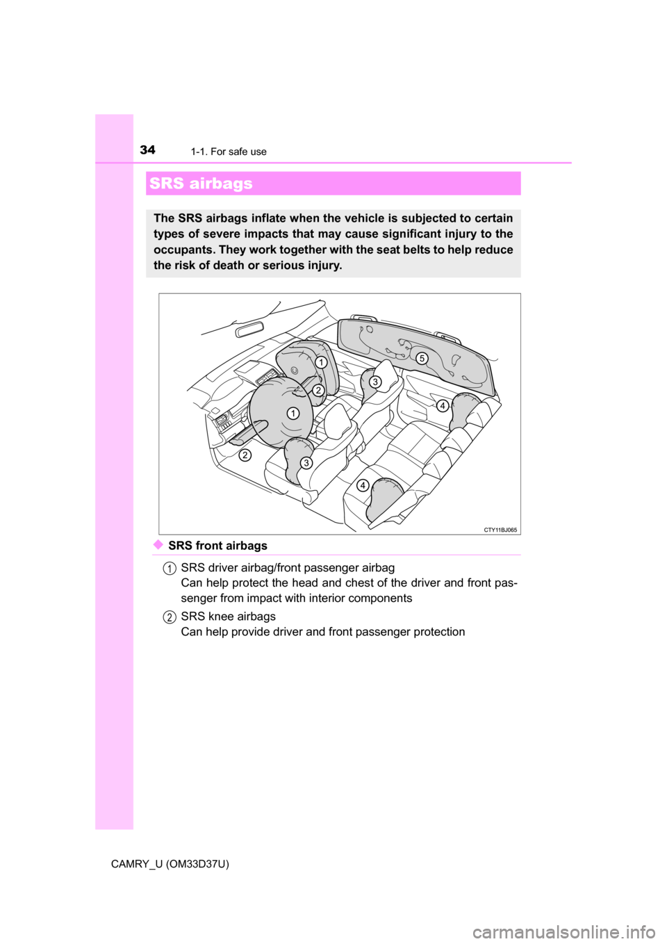 TOYOTA CAMRY 2016 XV50 / 9.G Owners Guide 341-1. For safe use
CAMRY_U (OM33D37U)
◆SRS front airbagsSRS driver airbag/front passenger airbag
Can help protect the head and chest of the driver and front pas-
senger from impact with interior co