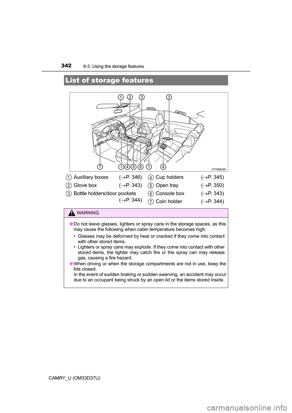 TOYOTA CAMRY 2016 XV50 / 9.G Owners Manual 342
CAMRY_U (OM33D37U)
6-3. Using the storage features
List of storage features
Auxiliary boxes (P. 346)
Glove box ( P. 343)
Bottle holders/door pockets ( P. 344) Cup holders (
P. 345)
Ope