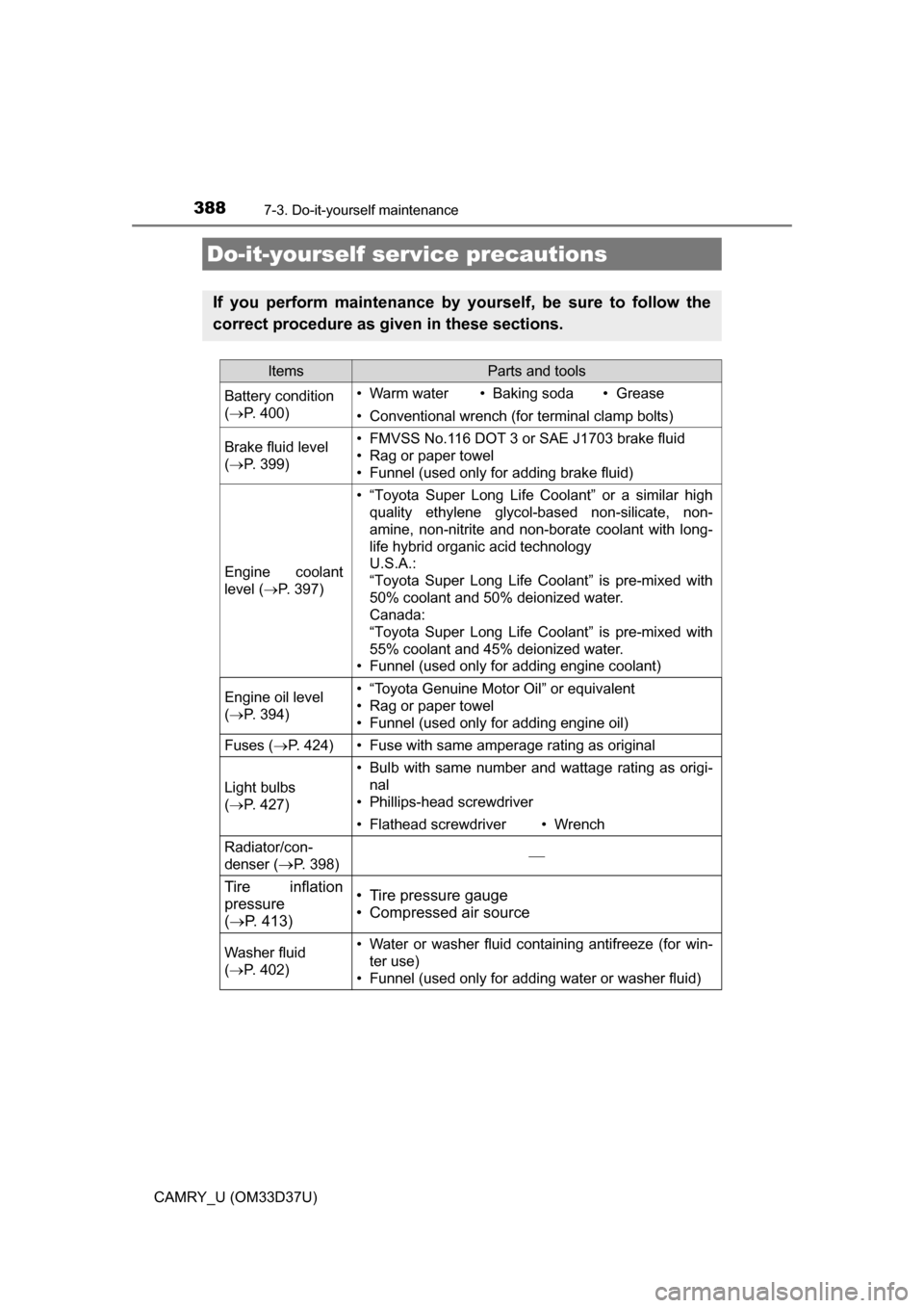 TOYOTA CAMRY 2016 XV50 / 9.G Owners Manual 388
CAMRY_U (OM33D37U)
7-3. Do-it-yourself maintenance
Do-it-yourself service precautions
If you perform maintenance by yourself, be sure to follow the
correct procedure as given in these sections.
It