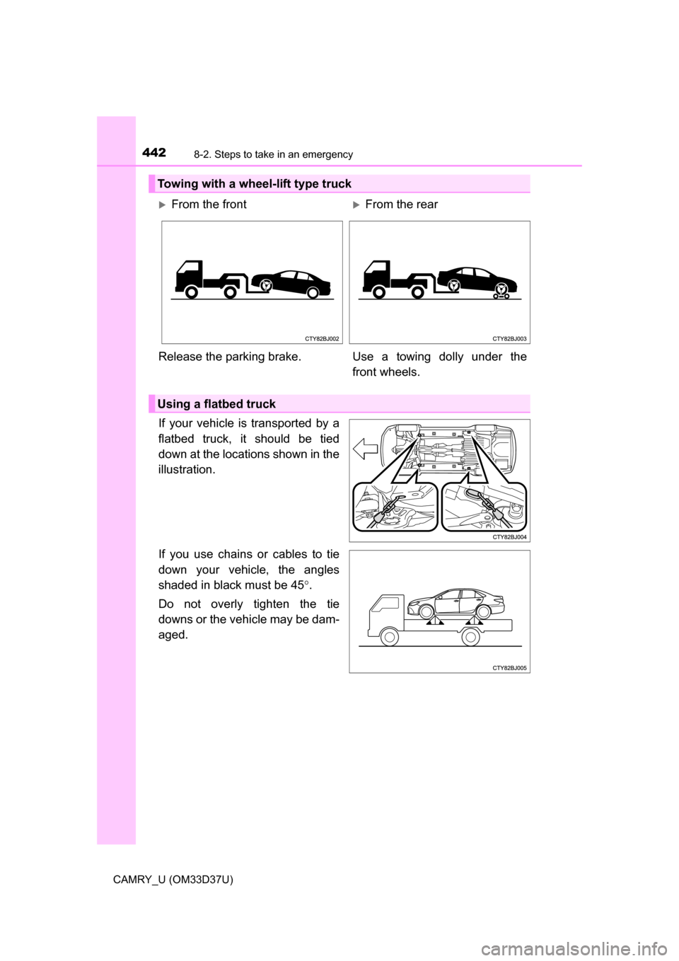 TOYOTA CAMRY 2016 XV50 / 9.G Owners Manual 4428-2. Steps to take in an emergency
CAMRY_U (OM33D37U)
If your vehicle is transported by a
flatbed truck, it should be tied
down at the locations shown in the
illustration.
If you use chains or cabl