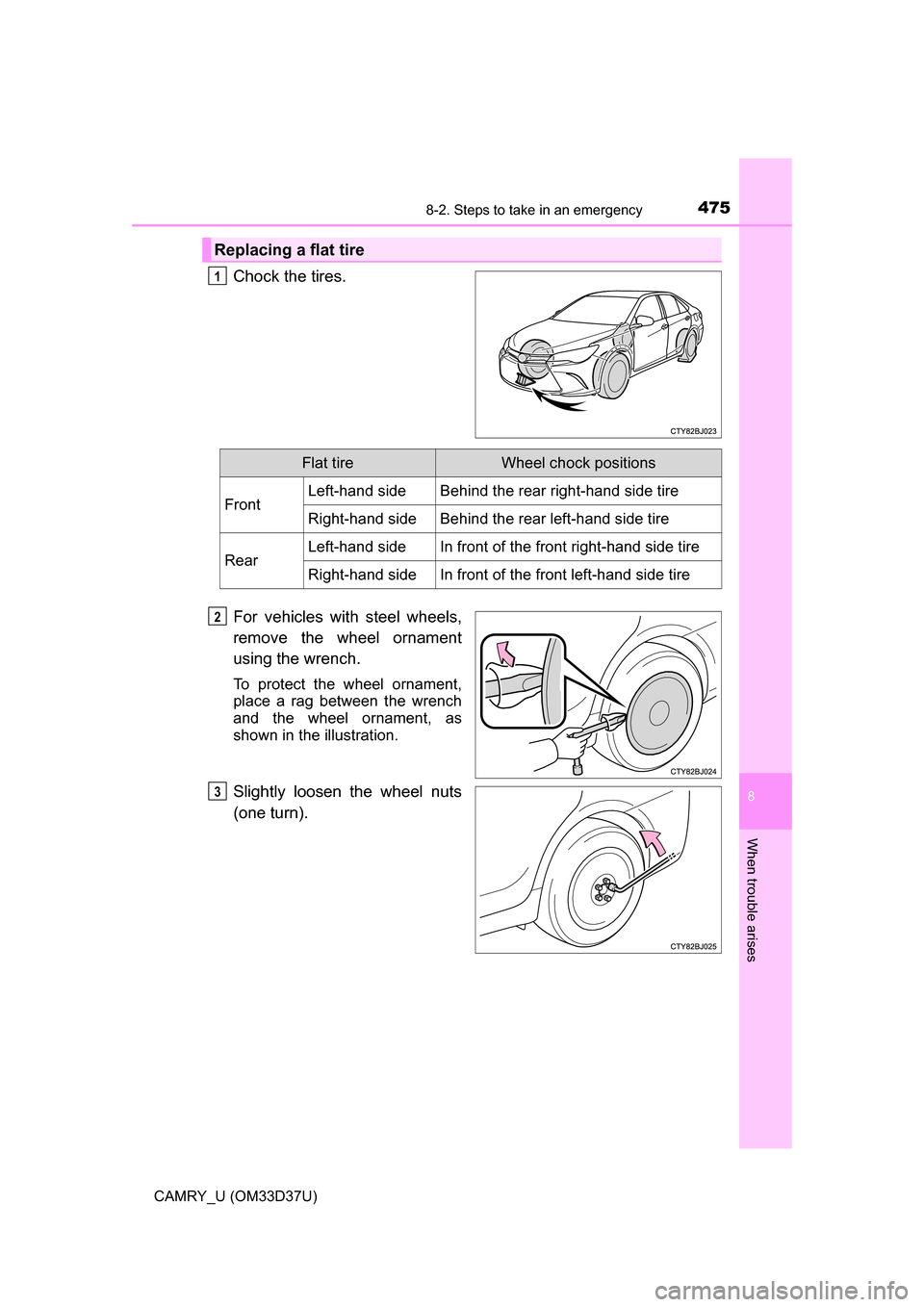 TOYOTA CAMRY 2016 XV50 / 9.G Owners Manual 4758-2. Steps to take in an emergency
8
When trouble arises
CAMRY_U (OM33D37U)
Chock the tires.
For vehicles with steel wheels,
remove the wheel ornament
using the wrench.
To protect the wheel ornamen