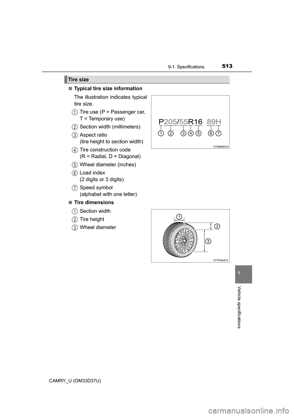 TOYOTA CAMRY 2016 XV50 / 9.G Owners Manual 5139-1. Specifications
9
Vehicle specifications
CAMRY_U (OM33D37U)■
Typical tire size information
The illustration in
dicates typical
tire size.
Tire use (P = Passenger car, 
T = Temporary use)
Sect