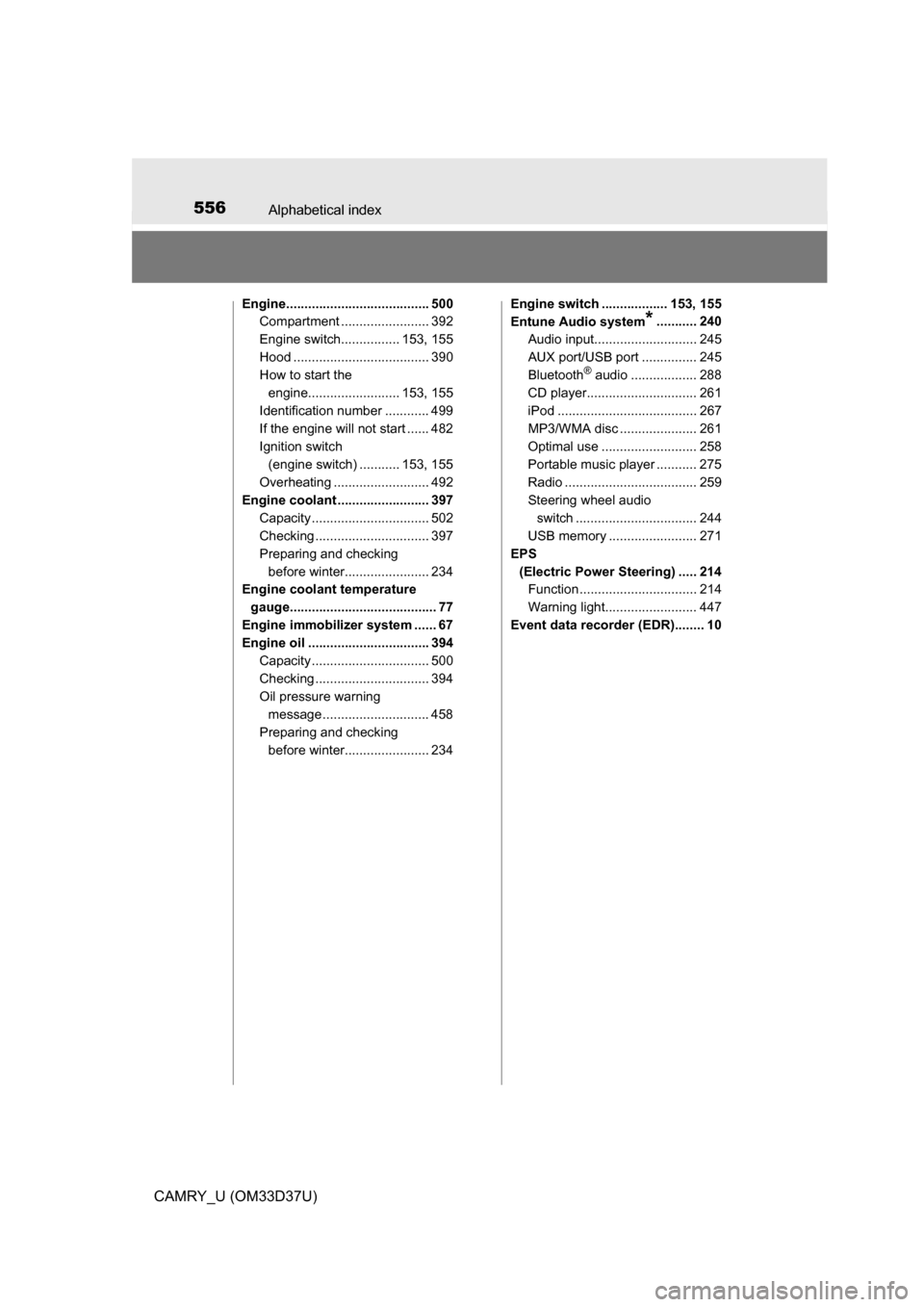TOYOTA CAMRY 2016 XV50 / 9.G Owners Manual 556Alphabetical index
CAMRY_U (OM33D37U)
Engine....................................... 500Compartment ........................ 392
Engine switch................ 153, 155
Hood .........................
