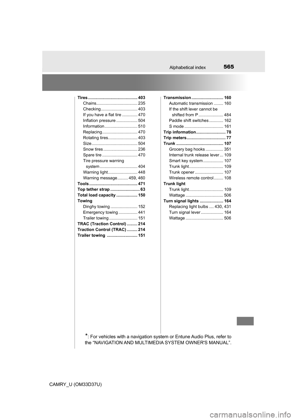 TOYOTA CAMRY 2016 XV50 / 9.G Owners Manual 565Alphabetical index
CAMRY_U (OM33D37U)
Tires .......................................... 403Chains................................... 235
Checking ............................... 403
If you have a fl
