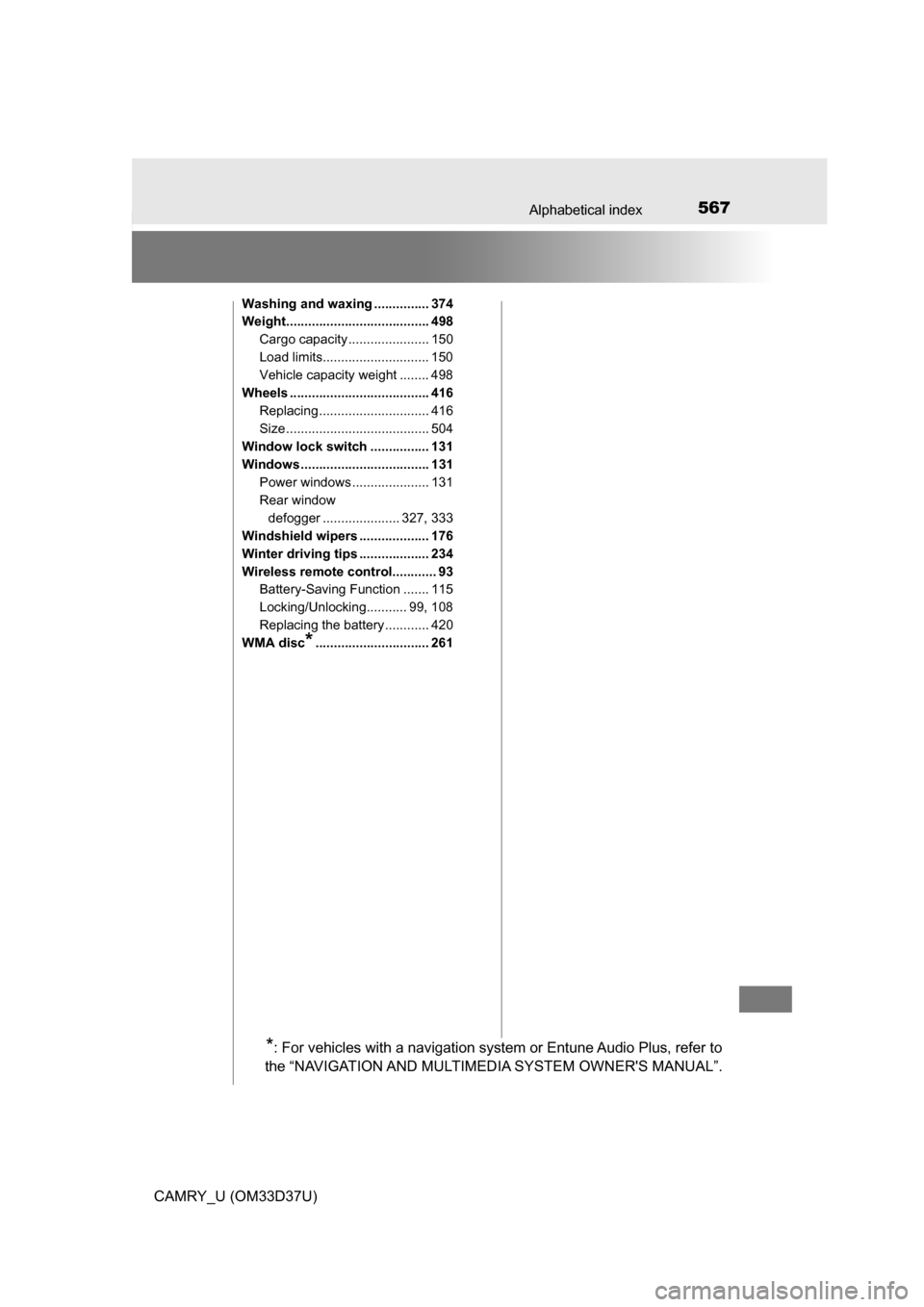 TOYOTA CAMRY 2016 XV50 / 9.G Owners Manual 567Alphabetical index
CAMRY_U (OM33D37U)
Washing and waxing ............... 374
Weight....................................... 498Cargo capacity ...................... 150
Load limits..................