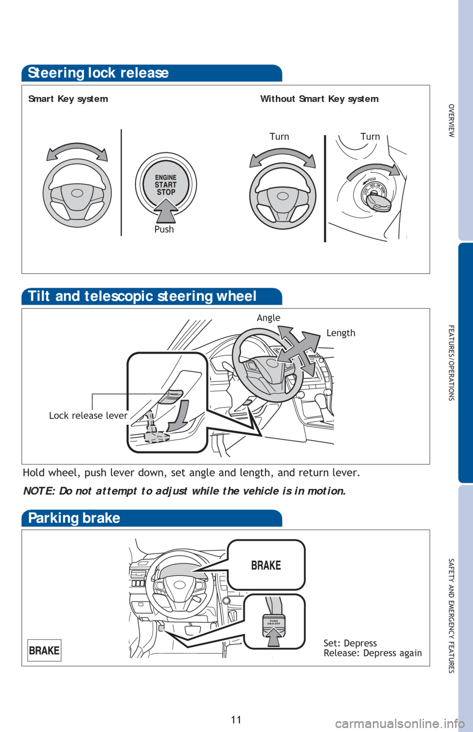 TOYOTA CAMRY 2016 XV50 / 9.G Quick Reference Guide OVERVIEW
FEATURES/OPERATIONS
SAFETY AND EMERGENCY FEATURES
11
Steering lock release
Turn
Smart Key system Without Smart Key system
Push
Turn
Parking brake
Set: Depress
Release: Depress again
Hold whee