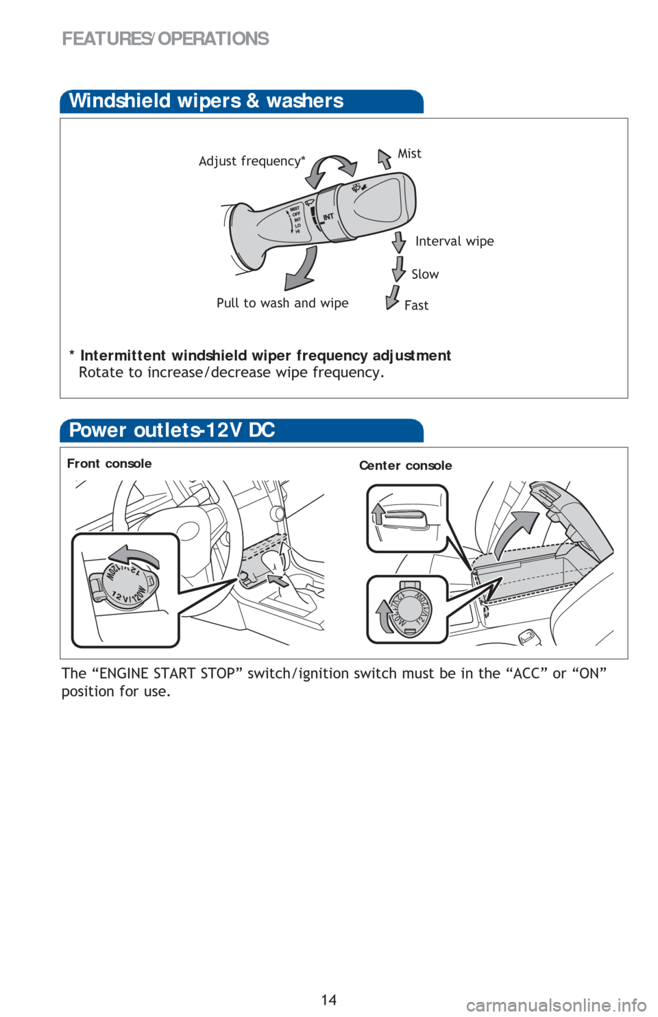 TOYOTA CAMRY 2016 XV50 / 9.G Quick Reference Guide 14
Power outlets-12V DC
Front console
The “ENGINE START STOP” switch/ignition switch must be in the “ACC” or “ON” 
position for use.
Center console
Windshield wipers & washers
Adjust frequ