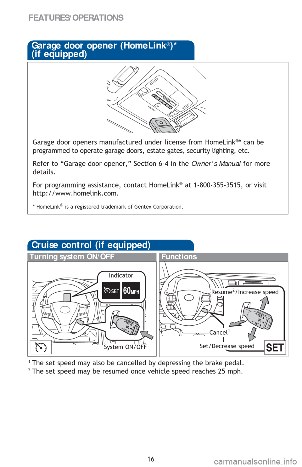 TOYOTA CAMRY 2016 XV50 / 9.G Quick Reference Guide 16
FEATURES/OPERATIONS
Garage door opener (HomeLink®)*
(if equipped)
Garage door openers manufactured under license from HomeLink®* can be 
programmed to operate garage doors, estate gates, security