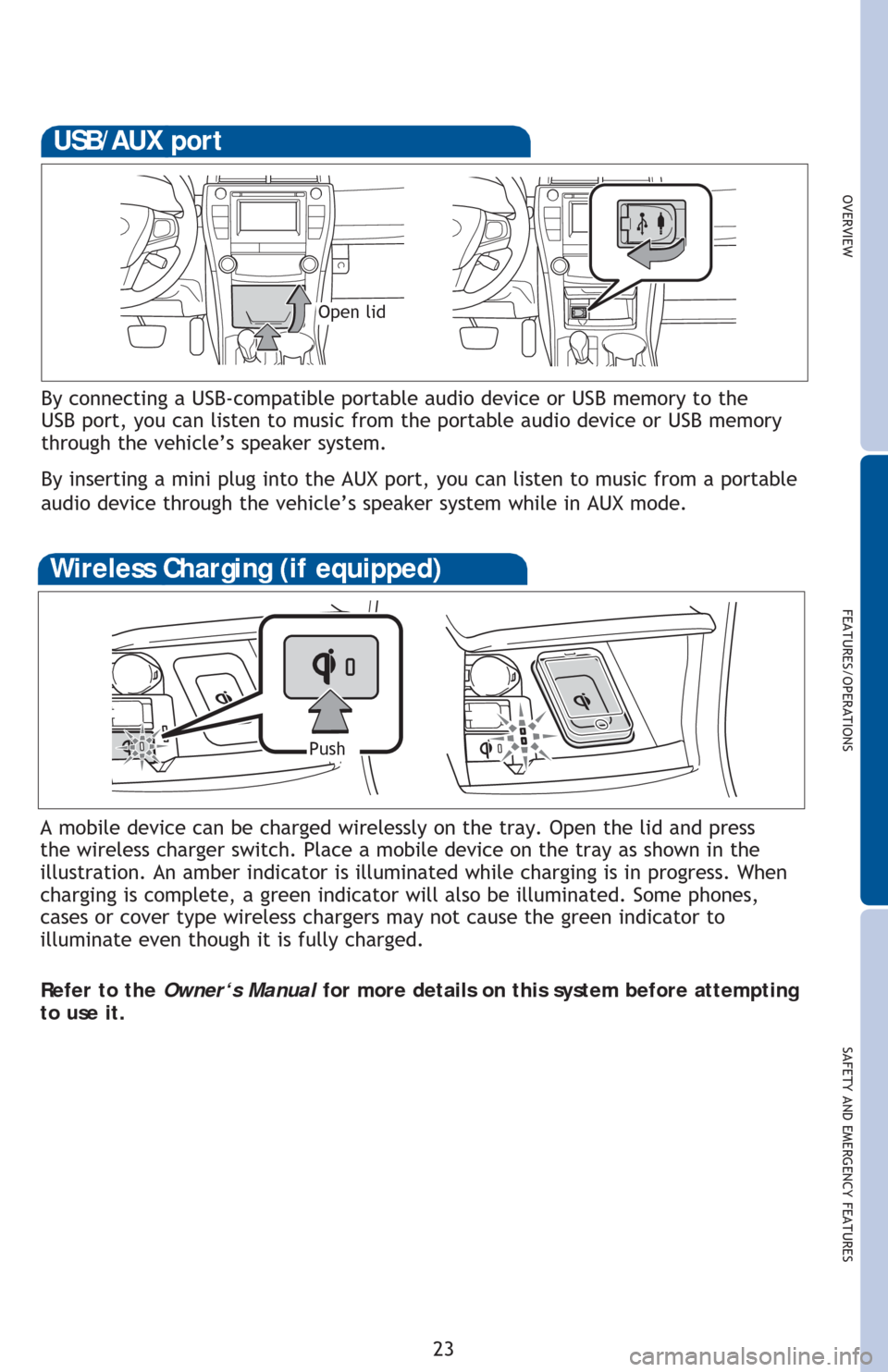 TOYOTA CAMRY 2016 XV50 / 9.G Quick Reference Guide OVERVIEWFEATURES/OPERATIONS
SAFETY AND EMERGENCY FEATURES
23
By connecting a USB-compatible portable audio device or USB memory to the
USB port, you can listen to music from the portable audio device TOYOTA CAMRY 2016 XV50 / 9.G Quick Reference Guide OVERVIEWFEATURES/OPERATIONS
SAFETY AND EMERGENCY FEATURES
23
By connecting a USB-compatible portable audio device or USB memory to the
USB port, you can listen to music from the portable audio device