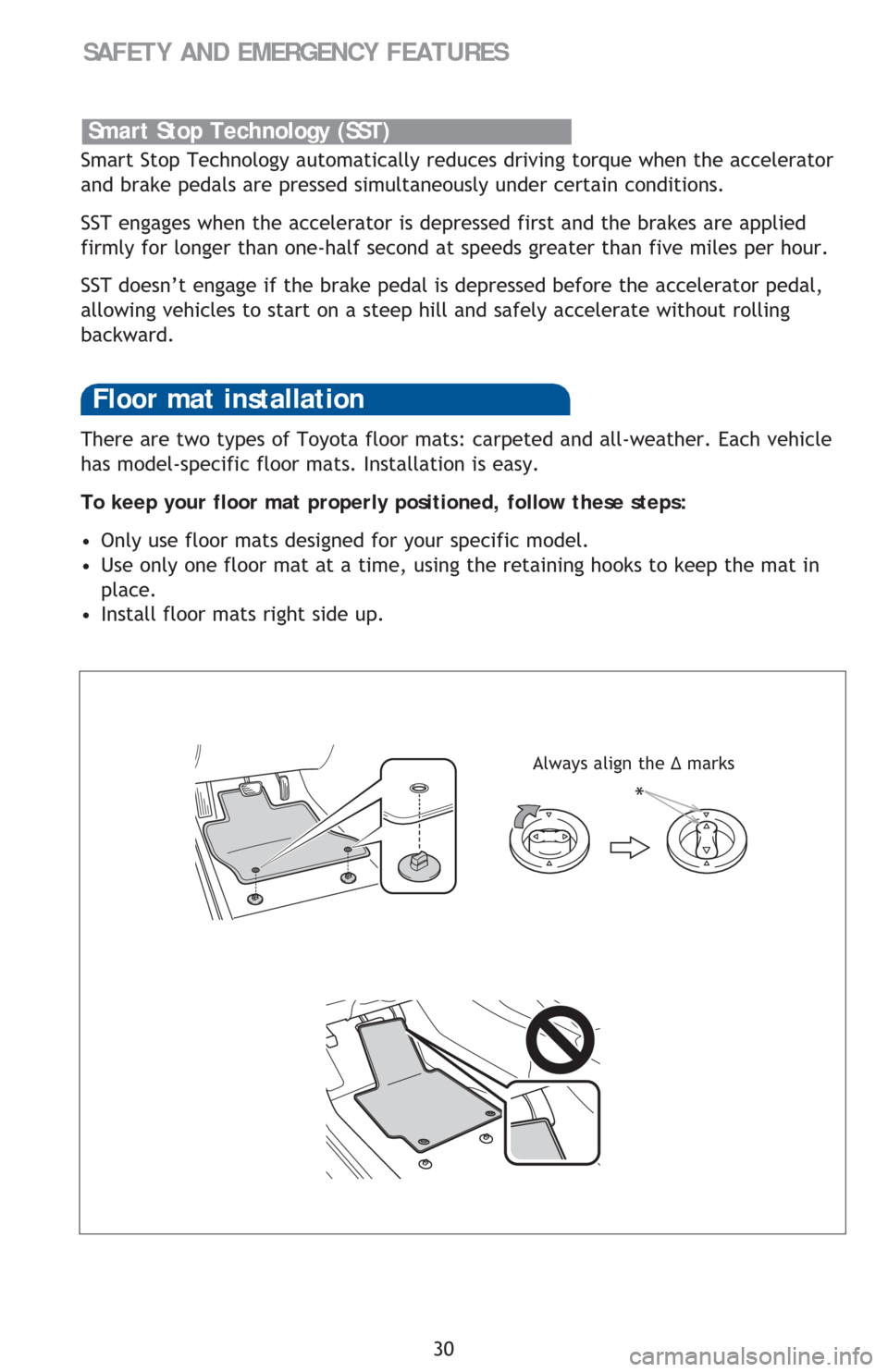 TOYOTA CAMRY 2016 XV50 / 9.G Quick Reference Guide 30
SAFETY AND EMERGENCY FEATURES
There are two types of Toyota floor mats: carpeted and all-weather. Each vehicle
has model-specific floor mats. Installation is easy.
To keep your floor mat properl TOYOTA CAMRY 2016 XV50 / 9.G Quick Reference Guide 30
SAFETY AND EMERGENCY FEATURES
There are two types of Toyota floor mats: carpeted and all-weather. Each vehicle
has model-specific floor mats. Installation is easy.
To keep your floor mat properl