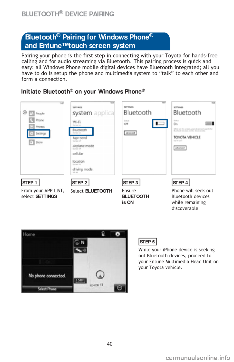 TOYOTA CAMRY 2016 XV50 / 9.G Quick Reference Guide 40 Pairing your phone is the first step in connecting with your Toyota for hands-free
calling and for audio streaming via Bluetooth. This pairing process is quick and
easy: all Windows Phone mobile TOYOTA CAMRY 2016 XV50 / 9.G Quick Reference Guide 40 Pairing your phone is the first step in connecting with your Toyota for hands-free
calling and for audio streaming via Bluetooth. This pairing process is quick and
easy: all Windows Phone mobile