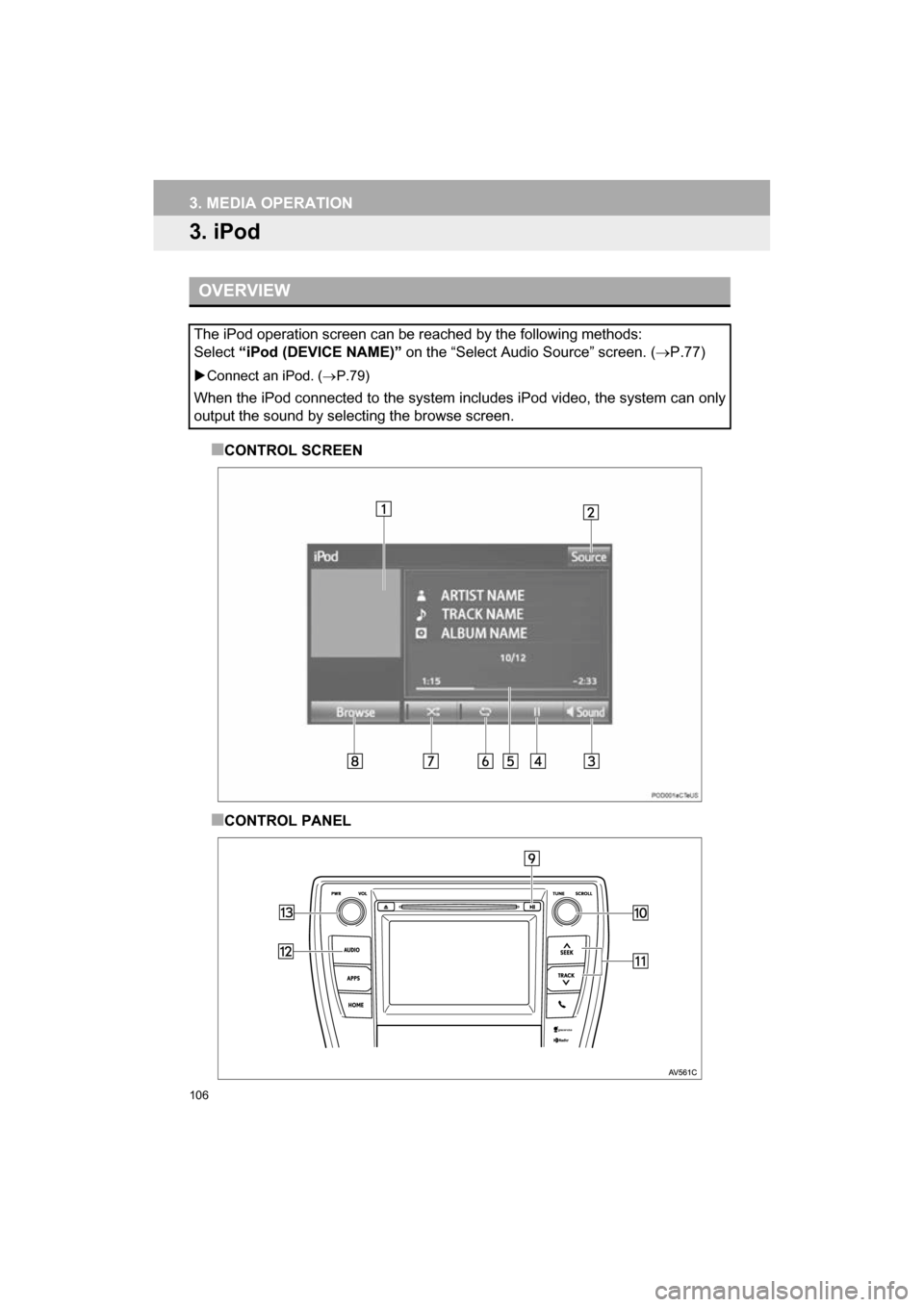 TOYOTA CAMRY 2017 XV50 / 9.G Navigation Manual 106
3. MEDIA OPERATION
CAMRY_NAVI_U_OM33C67U
3. iPod
■CONTROL SCREEN
■CONTROL PANEL
OVERVIEW
The iPod operation screen can be reached by the following methods: 
Select “iPod (DEVICE NAME)” on 