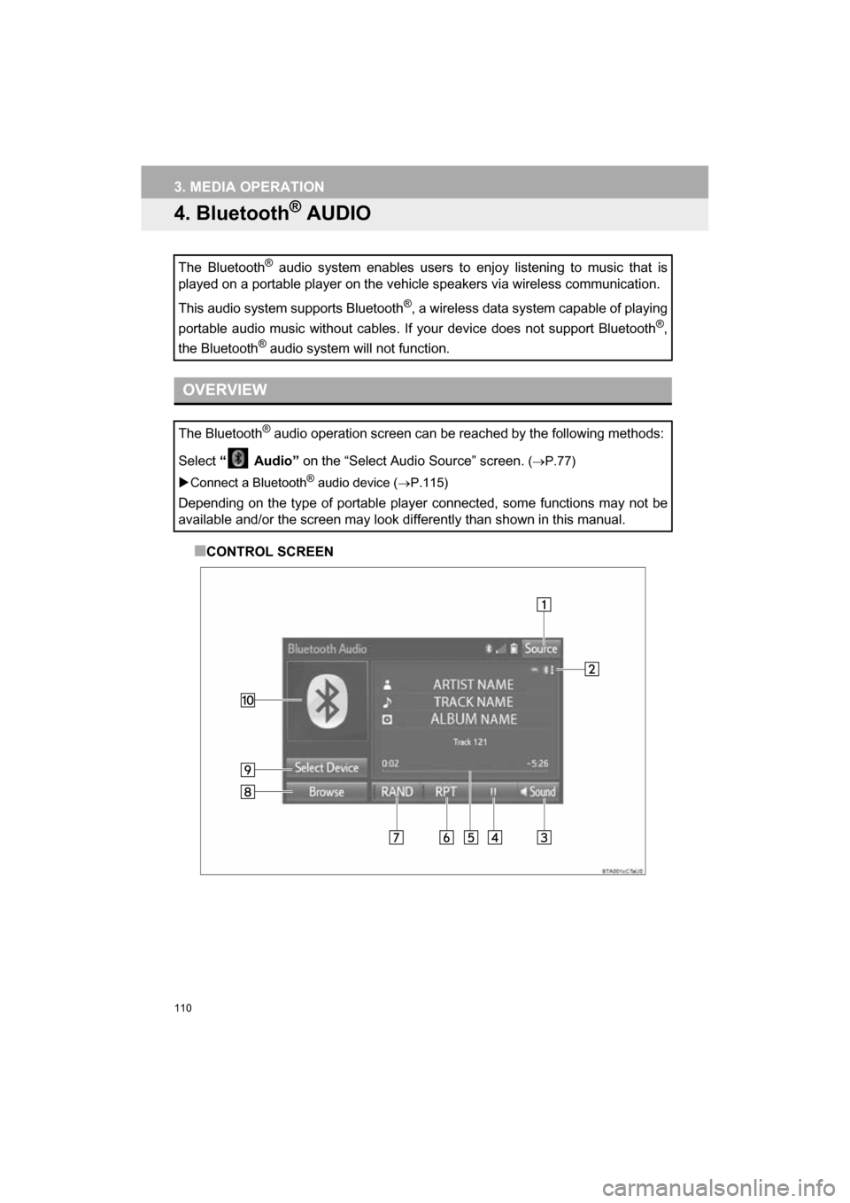 TOYOTA CAMRY 2017 XV50 / 9.G Navigation Manual 110
3. MEDIA OPERATION
CAMRY_NAVI_U_OM33C67U
4. Bluetooth® AUDIO
■CONTROL SCREEN
The Bluetooth
® audio system enables users to enjoy listening to music that is
played on a portable player on the v