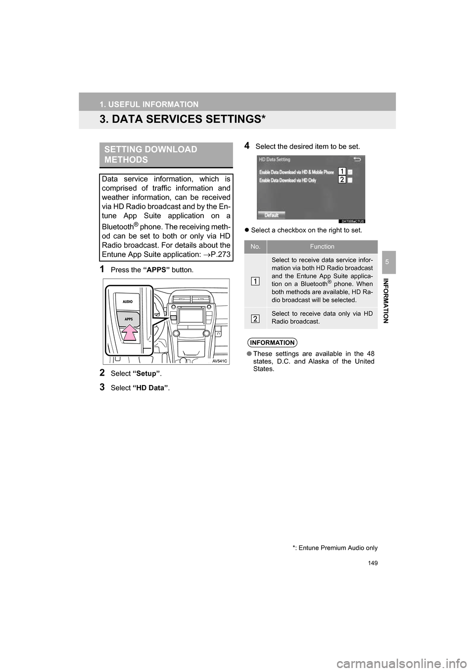 TOYOTA CAMRY 2017 XV50 / 9.G Navigation Manual 149
1. USEFUL INFORMATION
CAMRY_NAVI_U_OM33C67U
INFORMATION
5
3. DATA SERVICES SETTINGS*
1Press the “APPS” button.
2Select “Setup” .
3Select “HD Data” .
4Select the desired item to be set.