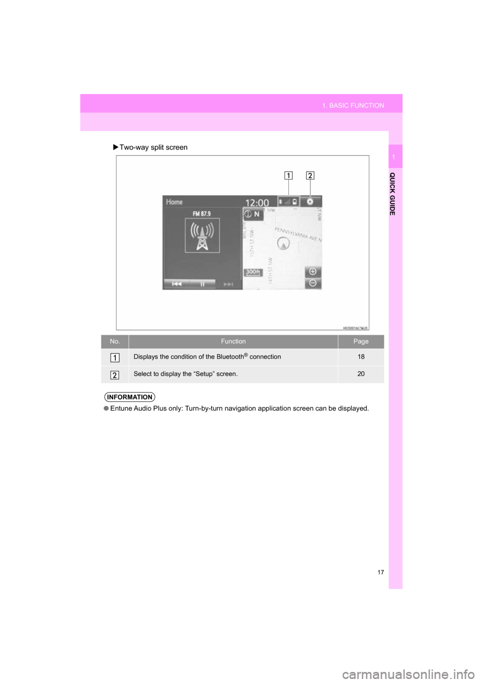 TOYOTA CAMRY 2017 XV50 / 9.G Navigation Manual 17
1. BASIC FUNCTION
QUICK GUIDE
CAMRY_NAVI_U_OM33C67U
1
Two-way split screen
No.FunctionPage
Displays the condition of the Bluetooth® connection18
Select to display the “Setup” screen.20
INFO