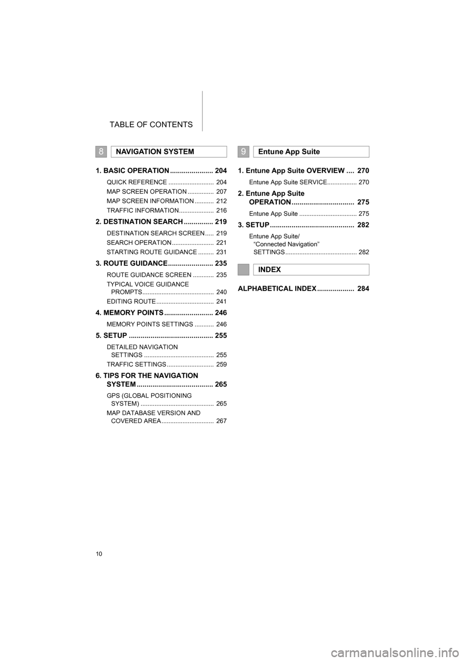 TOYOTA CAMRY 2017 XV50 / 9.G Navigation Manual TABLE OF CONTENTS
10
CAMRY_NAVI_U_OM33C67U
1. BASIC OPERATION ...................... 204
QUICK REFERENCE ..........................  204
MAP SCREEN OPERATION ...............  207
MAP SCREEN INFORMATIO