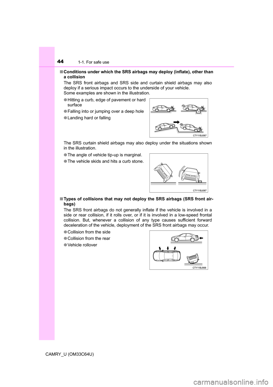 TOYOTA CAMRY 2017 XV50 / 9.G Service Manual 441-1. For safe use
CAMRY_U (OM33C64U)■
Conditions under which the SRS airbags may deploy (inflate), other than
a collision
The SRS front airbags and SRS side and curtain shield airbags may also
de TOYOTA CAMRY 2017 XV50 / 9.G Service Manual 441-1. For safe use
CAMRY_U (OM33C64U)■
Conditions under which the SRS airbags may deploy (inflate), other than
a collision
The SRS front airbags and SRS side and curtain shield airbags may also
de