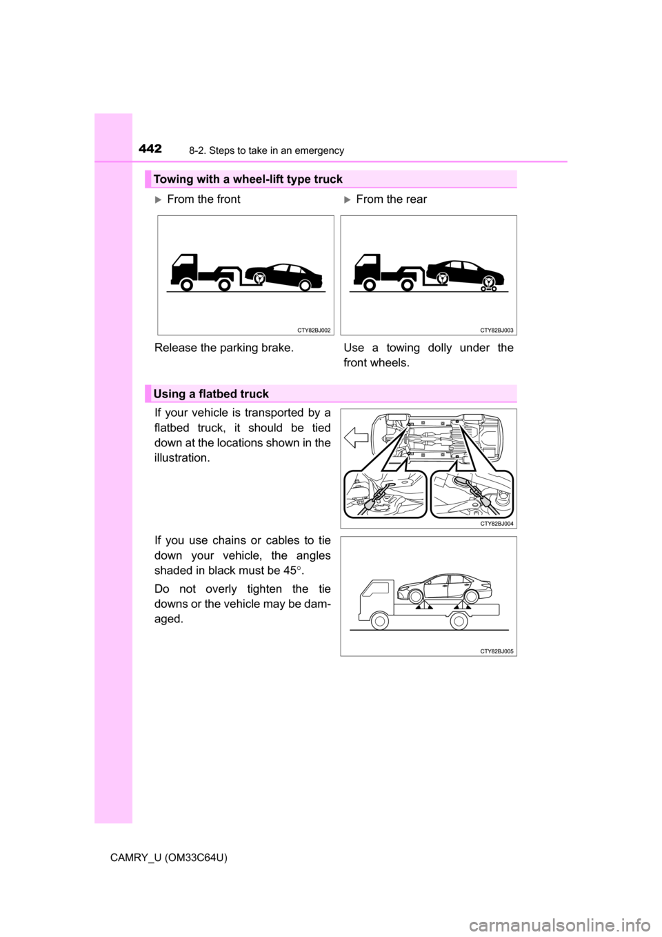 TOYOTA CAMRY 2017 XV50 / 9.G Owners Manual 4428-2. Steps to take in an emergency
CAMRY_U (OM33C64U)
If your vehicle is transported by a
flatbed truck, it should be tied
down at the locations shown in the
illustration.
If you use chains or cabl