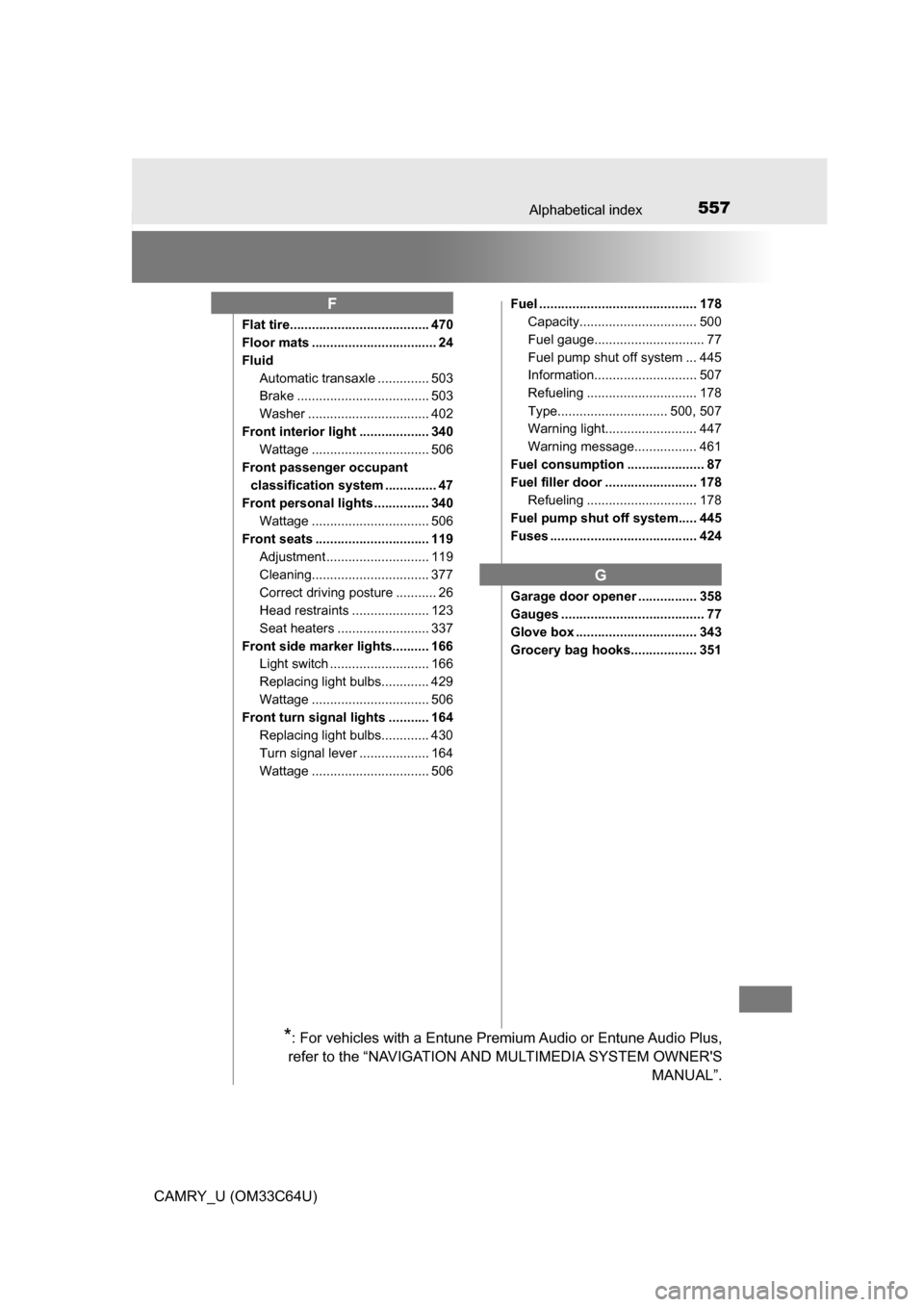 TOYOTA CAMRY 2017 XV50 / 9.G User Guide 557Alphabetical index
CAMRY_U (OM33C64U)
Flat tire...................................... 470
Floor mats .................................. 24
FluidAutomatic transaxle .............. 503
Brake ........