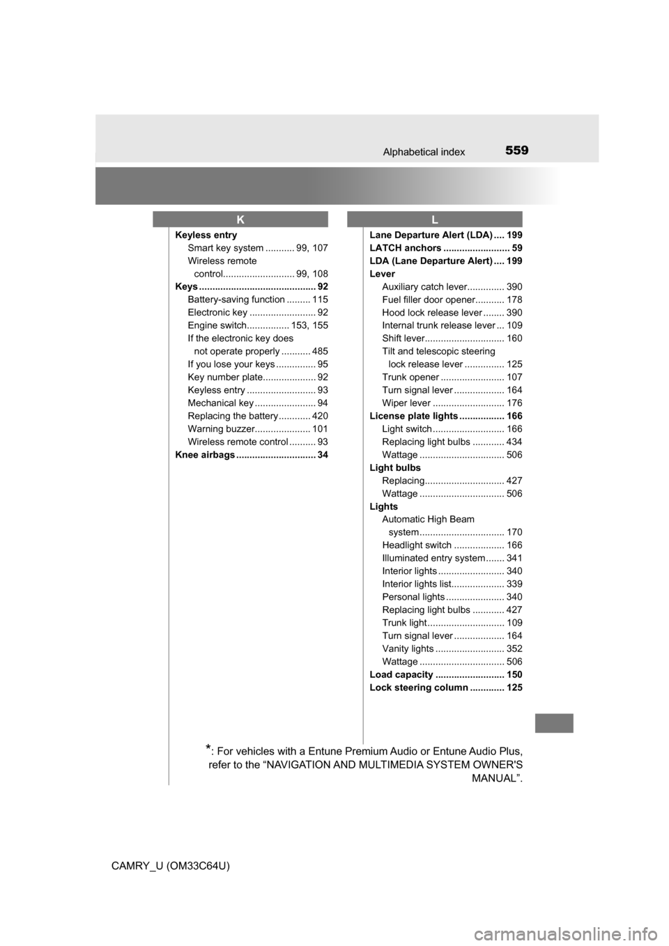 TOYOTA CAMRY 2017 XV50 / 9.G User Guide 559Alphabetical index
CAMRY_U (OM33C64U)
Keyless entrySmart key system ........... 99, 107
Wireless remote 
control........................... 99, 108
Keys ............................................