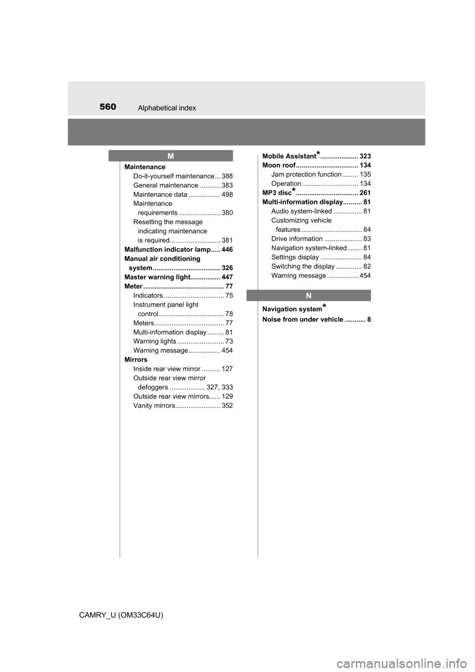TOYOTA CAMRY 2017 XV50 / 9.G User Guide 560Alphabetical index
CAMRY_U (OM33C64U)
MaintenanceDo-it-yourself maintenance ... 388
General maintenance ........... 383
Maintenance data ................. 498
Maintenance 
requirements ............