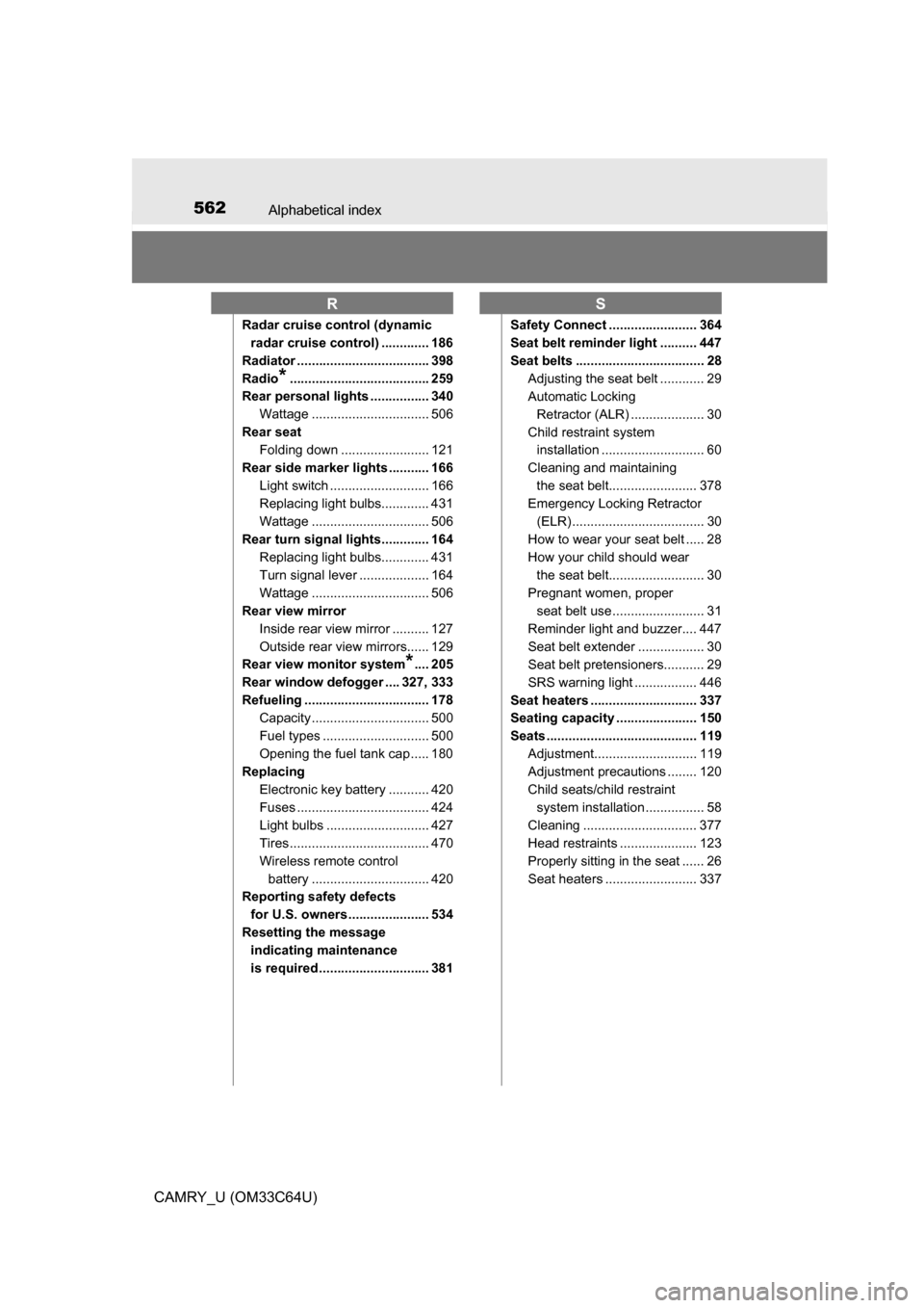 TOYOTA CAMRY 2017 XV50 / 9.G Owners Manual 562Alphabetical index
CAMRY_U (OM33C64U)
Radar cruise control (dynamic radar cruise control) ............. 186
Radiator .................................... 398
Radio
*................................