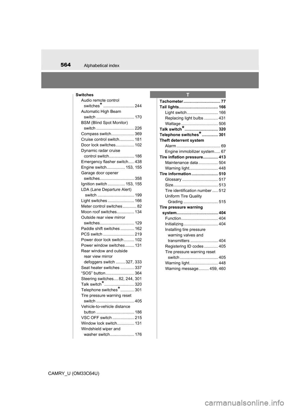 TOYOTA CAMRY 2017 XV50 / 9.G Owners Manual 564Alphabetical index
CAMRY_U (OM33C64U)
SwitchesAudio remote control 
switches
*........................... 244
Automatic High Beam  switch ................................. 170
BSM (Blind Spot Monit