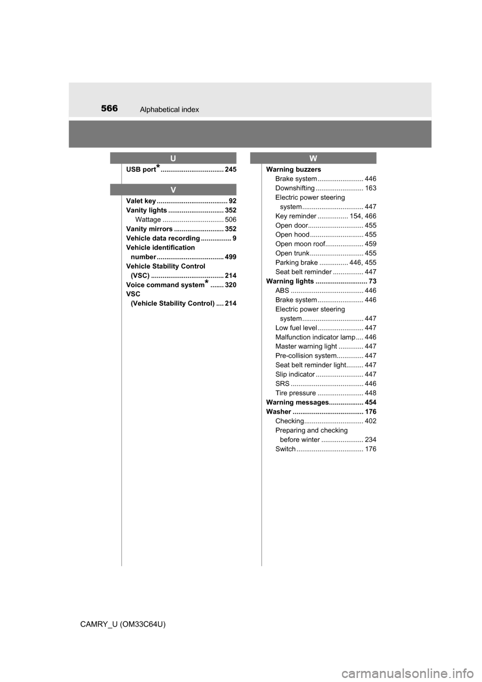 TOYOTA CAMRY 2017 XV50 / 9.G Owners Manual 566Alphabetical index
CAMRY_U (OM33C64U)
USB port*................................. 245
Valet key ..................................... 92
Vanity lights ............................. 352 Wattage .....