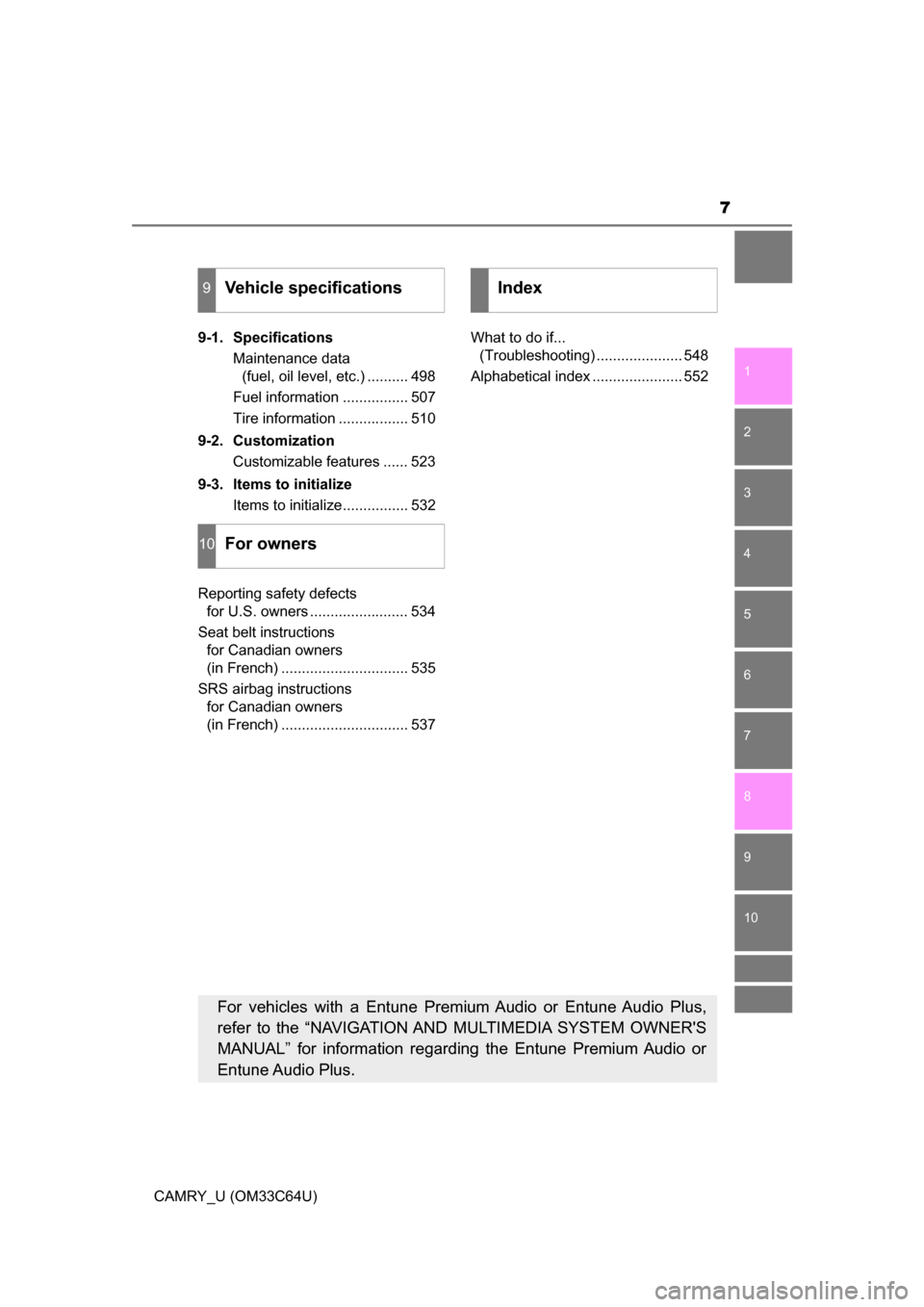 TOYOTA CAMRY 2017 XV50 / 9.G Owners Manual 7
1
9 8 6 5
4
3
2
CAMRY_U (OM33C64U)
10
7
9-1. SpecificationsMaintenance data (fuel, oil level, etc.) .......... 498
Fuel information ................ 507
Tire information ................. 510
9-2. C