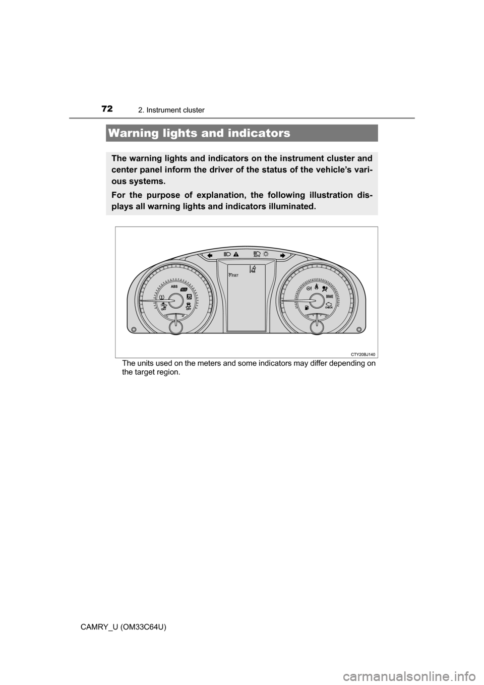 TOYOTA CAMRY 2017 XV50 / 9.G Manual PDF 72
CAMRY_U (OM33C64U)
2. Instrument cluster
The units used on the meters and some indicators may differ depending on
the target region.
Warning lights and indicators
The warning lights and indicators TOYOTA CAMRY 2017 XV50 / 9.G Manual PDF 72
CAMRY_U (OM33C64U)
2. Instrument cluster
The units used on the meters and some indicators may differ depending on
the target region.
Warning lights and indicators
The warning lights and indicators