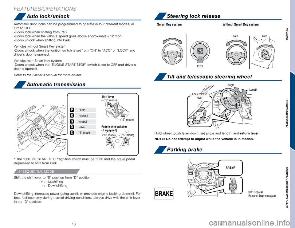 TOYOTA CAMRY 2017 XV50 / 9.G Quick Reference Guide 1011
* The “ENGINE START STOP”/ignition switch must be “ON” and t\
he brake pedal 
depressed to shift from Park.
Auto lock/unlockSteering lock release
Tilt and telescopic steering wheel
Parkin