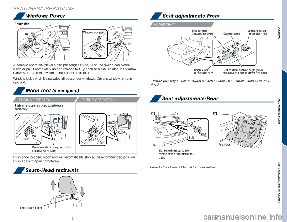 TOYOTA CAMRY 2017 XV50 / 9.G Quick Reference Guide 1213
Windows-PowerSeat adjustments-Front
Moon roof (if equipped)
Seats-Head restraints
Seat adjustments-Rear
(1)(2)
Fold down
FEATURES/OPERATIONS
Height crank
(driver side only) Seat position, cushion