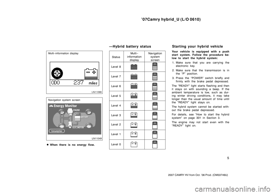 TOYOTA CAMRY HYBRID 2007 XV40 / 8.G User Guide ’07Camry hybrid_U (L/O 0610)
5
2007 CAMRY HV from Oct. ’06 Prod. (OM33749U)
Multi−information display
Navigation system screen
When there is no energy flow. Level 1 Level 2 Level 3 Level 4
Leve