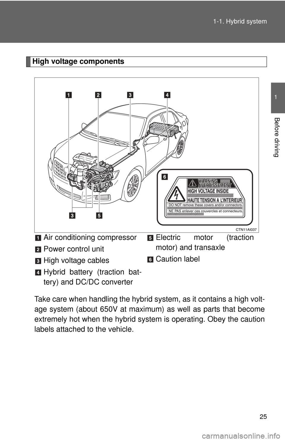 TOYOTA CAMRY HYBRID 2008 XV40 / 8.G Owners Manual 25
1-1. Hybrid system
1
Before driving
High voltage components
Take care when handling the hybrid sy stem, as it contains a high volt-
age system (about 650V at maximum) as well as parts that become
e TOYOTA CAMRY HYBRID 2008 XV40 / 8.G Owners Manual 25
1-1. Hybrid system
1
Before driving
High voltage components
Take care when handling the hybrid sy stem, as it contains a high volt-
age system (about 650V at maximum) as well as parts that become
e