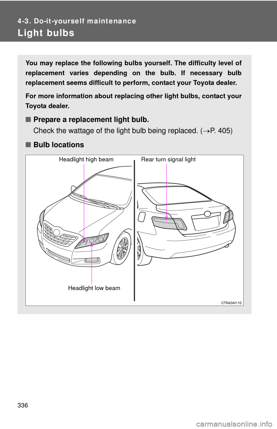 TOYOTA CAMRY HYBRID 2008 XV40 / 8.G Owners Manual 336
4-3. Do-it-yourself maintenance
Light bulbs
You may replace the following bulbs yourself. The difficulty level of
replacement varies depending on the bulb. If necessary bulb
replacement seems diff