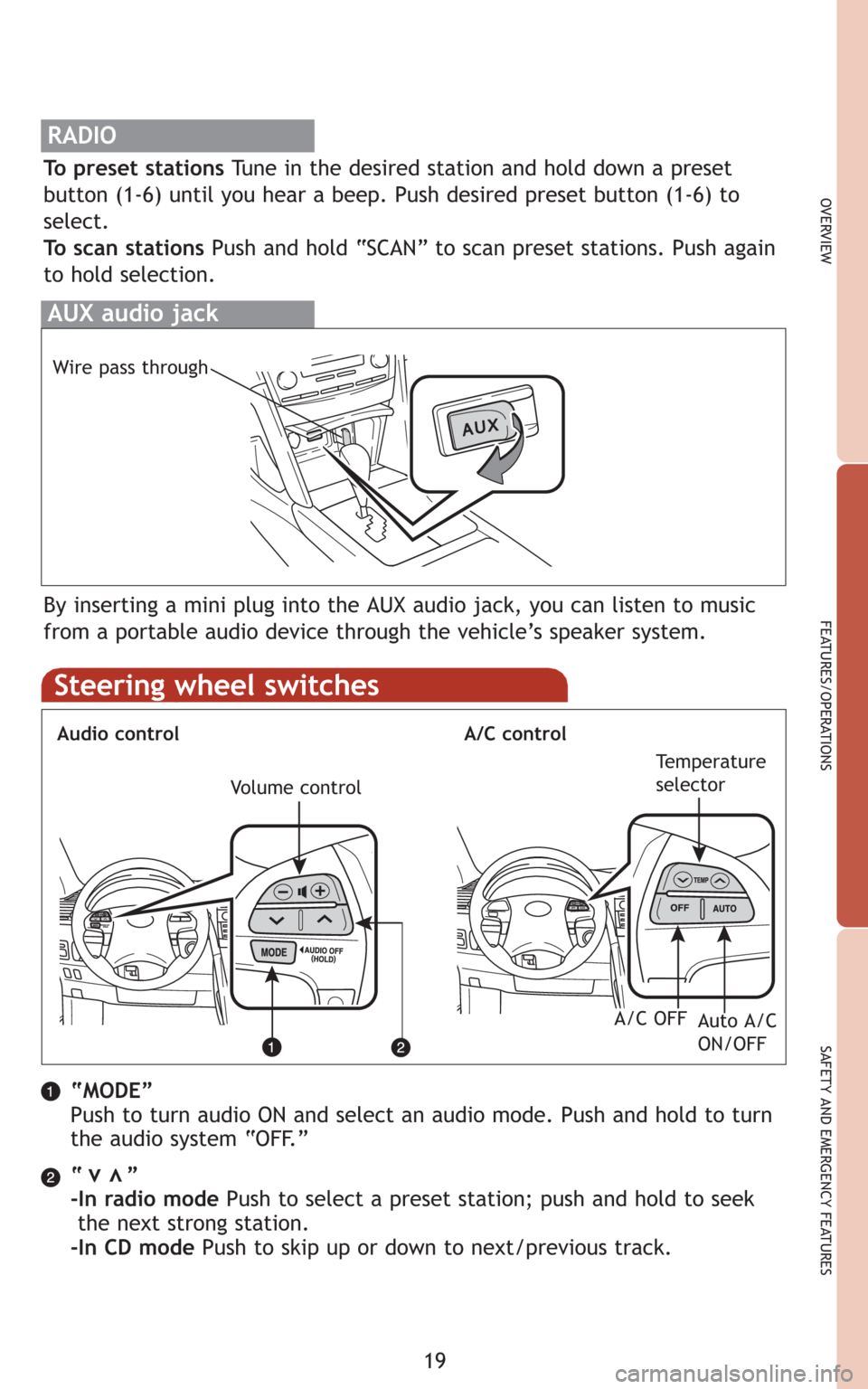 TOYOTA CAMRY HYBRID 2008 XV40 / 8.G Quick Reference Guide OVERVIEW
FEATURES/OPERATIONS
SAFETY AND EMERGENCY FEATURES
Steering wheel switches 
Audio controlA/C control
“MODE”
Push to turn audio ON and select an audio mode. Push and hold to turn
the audio 