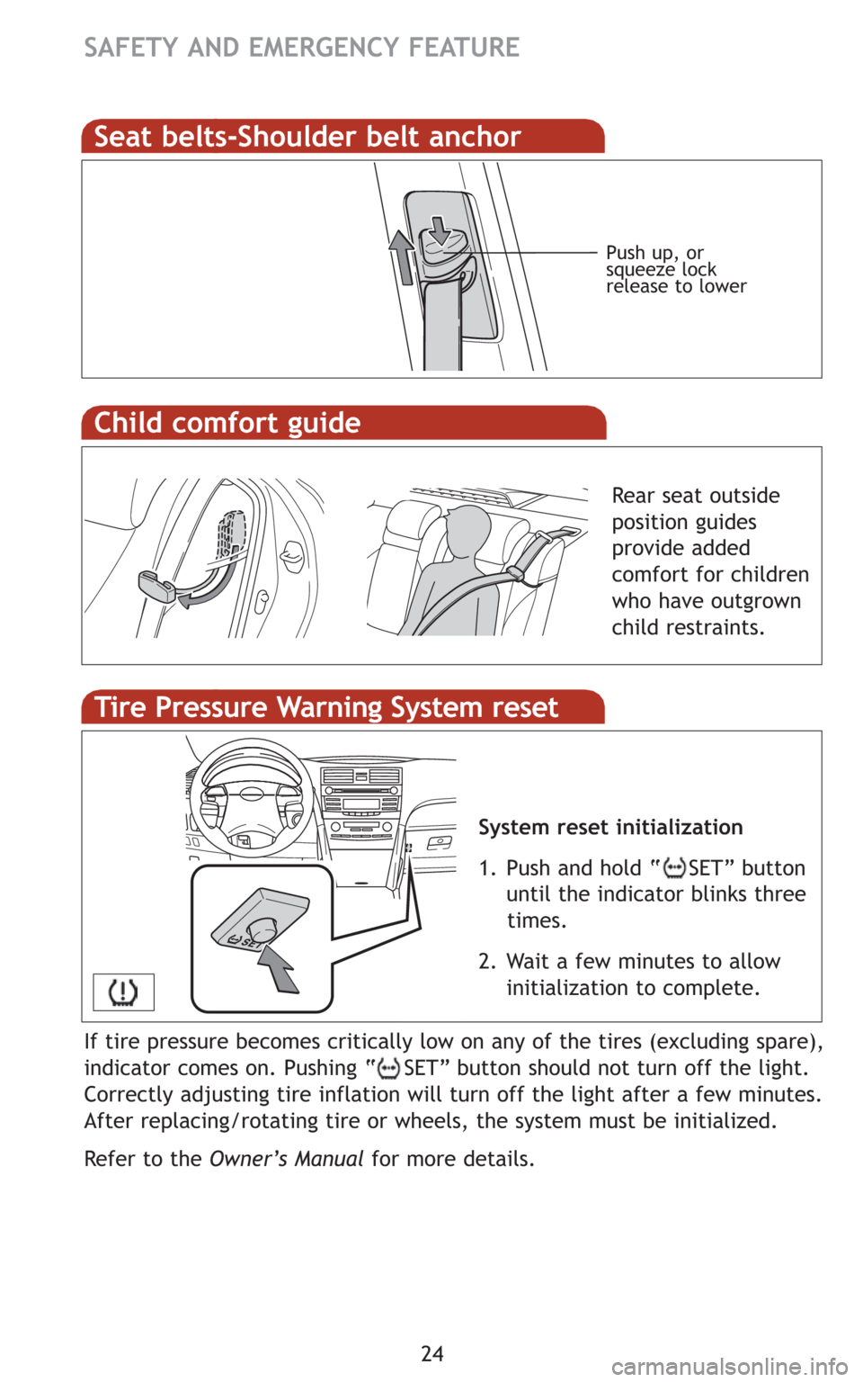 TOYOTA CAMRY HYBRID 2008 XV40 / 8.G Quick Reference Guide 24
SAFETY AND EMERGENCY FEATURE
Push up, or
squeeze lock
release to lower
Tire Pressure Warning System reset
If tire pressure becomes critically low on any of the tires (excluding spare),
indicator co TOYOTA CAMRY HYBRID 2008 XV40 / 8.G Quick Reference Guide 24
SAFETY AND EMERGENCY FEATURE
Push up, or
squeeze lock
release to lower
Tire Pressure Warning System reset
If tire pressure becomes critically low on any of the tires (excluding spare),
indicator co