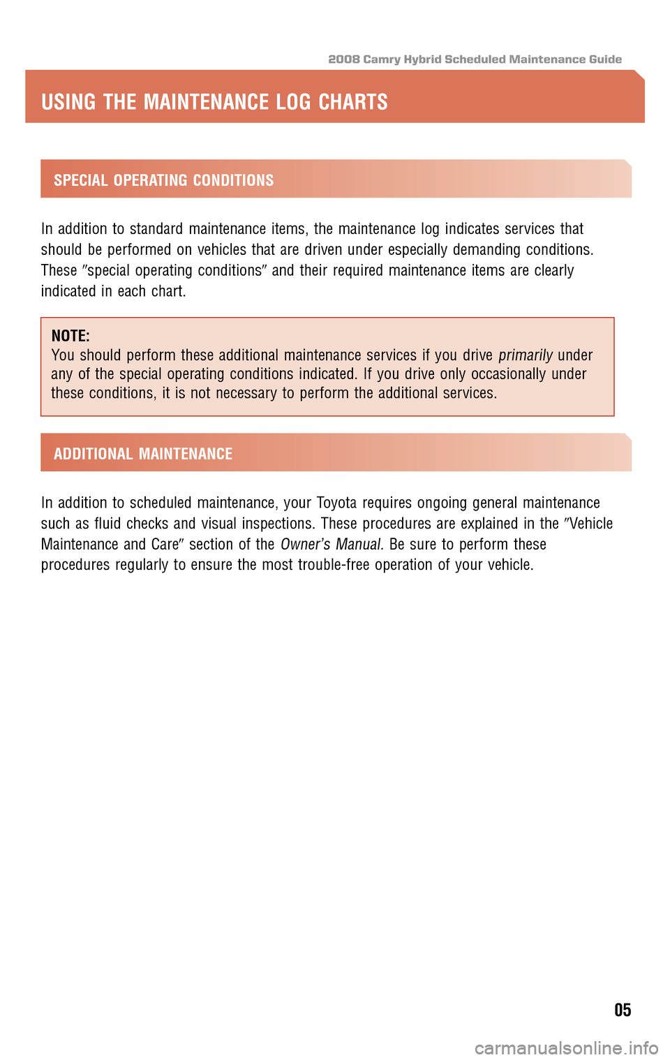 TOYOTA CAMRY HYBRID 2008 XV40 / 8.G Scheduled Maintenance Guide 2008 Camry Hybrid Scheduled Maintenance Guide
SPECIAL OPERATING CONDITIONS 
In addition to standard maintenance items, the maintenance log indicates services that 
should be performed on vehicles tha