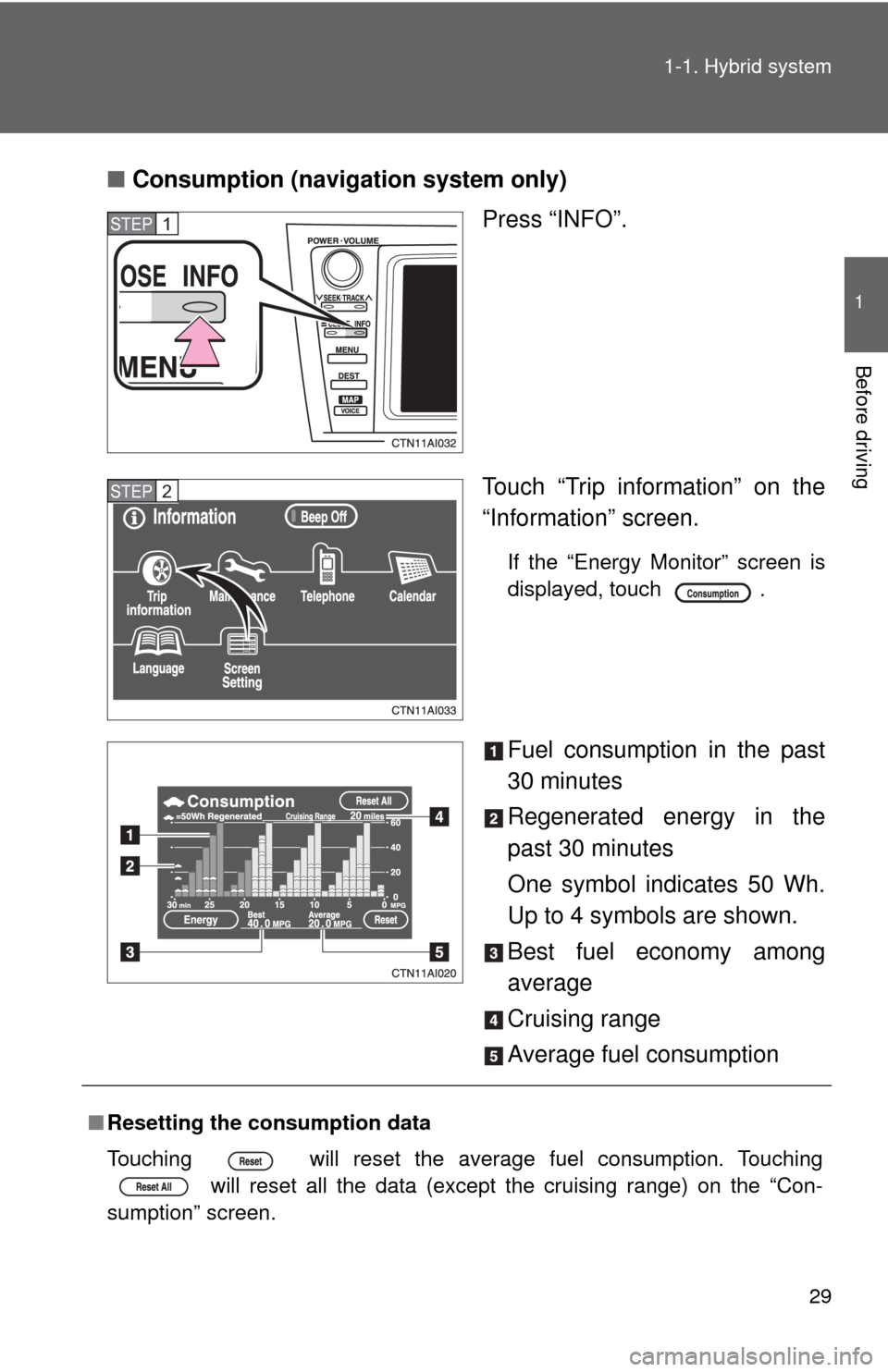 TOYOTA CAMRY HYBRID 2009 XV40 / 8.G Owners Manual 29
1-1. Hybrid system
1
Before driving
■
Consumption (navigation system only)
Press “INFO”.
Touch “Trip information” on the
“Information” screen.
If the “Energy Monitor” screen is
di