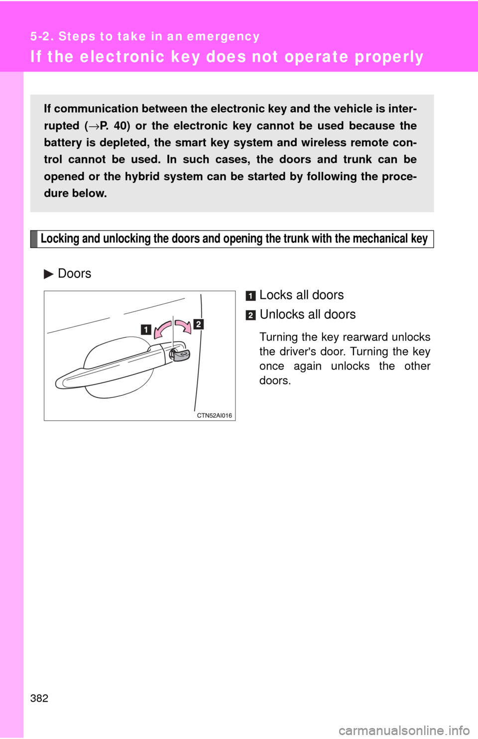 TOYOTA CAMRY HYBRID 2009 XV40 / 8.G Owners Manual 382
5-2. Steps to take in an emergency
If the electronic key does not operate properly
Locking and unlocking the doors and opening the trunk with the mechanical key
Doors
Locks all doors
Unlocks all d TOYOTA CAMRY HYBRID 2009 XV40 / 8.G Owners Manual 382
5-2. Steps to take in an emergency
If the electronic key does not operate properly
Locking and unlocking the doors and opening the trunk with the mechanical key
Doors
Locks all doors
Unlocks all d