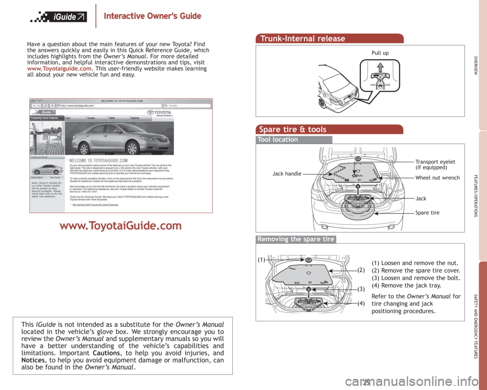 TOYOTA CAMRY HYBRID 2009 XV40 / 8.G Quick Reference Guide This iGuideis not intended as a substitute for theOwner’s Manual
located in the vehicle’s glove box. We strongly encourage you to
review theOwner’s Manual and supplementary manuals so you will
h TOYOTA CAMRY HYBRID 2009 XV40 / 8.G Quick Reference Guide This iGuideis not intended as a substitute for theOwner’s Manual
located in the vehicle’s glove box. We strongly encourage you to
review theOwner’s Manual and supplementary manuals so you will
h