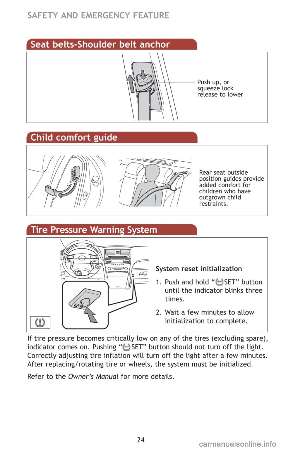 TOYOTA CAMRY HYBRID 2009 XV40 / 8.G Quick Reference Guide 24
SAFETY AND EMERGENCY FEATURE
Push up, or
squeeze lock
release to lower
Tire Pressure Warning System
If tire pressure becomes critically low on any of the tires (excluding spare),
indicator comes on TOYOTA CAMRY HYBRID 2009 XV40 / 8.G Quick Reference Guide 24
SAFETY AND EMERGENCY FEATURE
Push up, or
squeeze lock
release to lower
Tire Pressure Warning System
If tire pressure becomes critically low on any of the tires (excluding spare),
indicator comes on