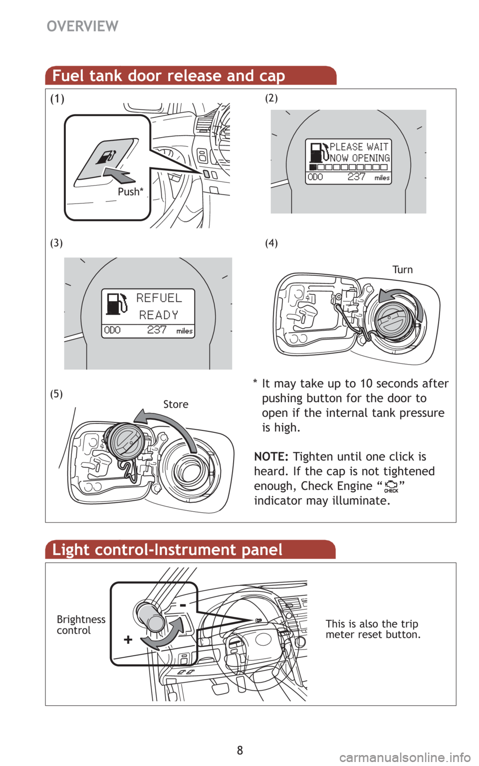 TOYOTA CAMRY HYBRID 2009 XV40 / 8.G Quick Reference Guide 8
Fuel tank door release and cap
* It may take up to 10 seconds after
pushing button for the door to 
open if the internal tank pressure
is high.
Push*
Light control-Instrument panel
Brightness
contro