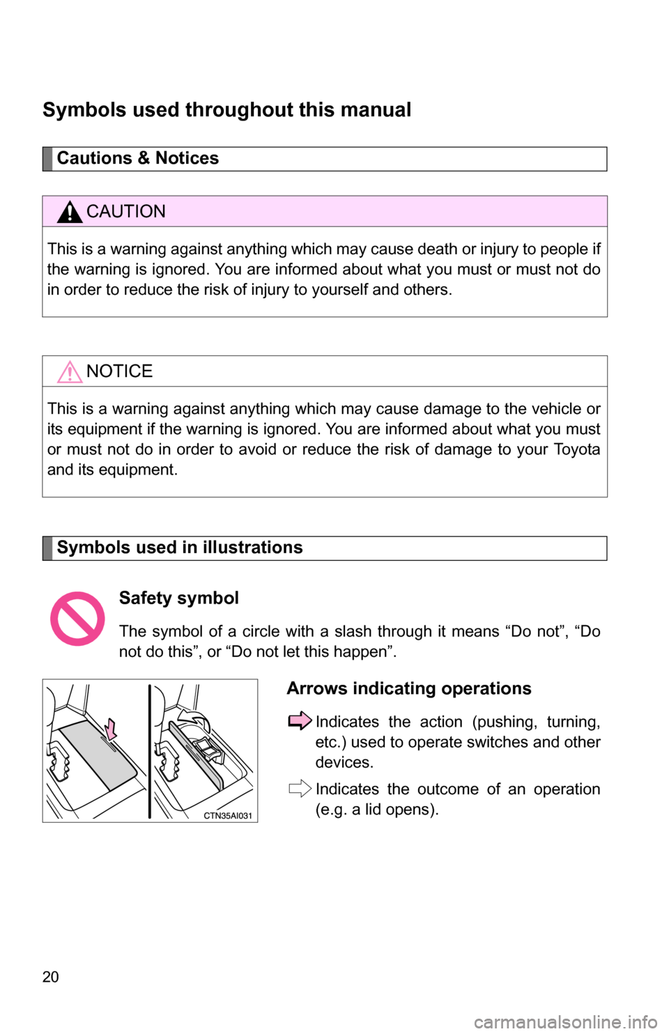 TOYOTA CAMRY HYBRID 2010 XV40 / 8.G Owners Manual 20
Symbols used throughout this manual
Cautions & Notices 
Symbols used in illustrations
CAUTION
This is a warning against anything which may cause death or injury to people if
the warning is ignored.