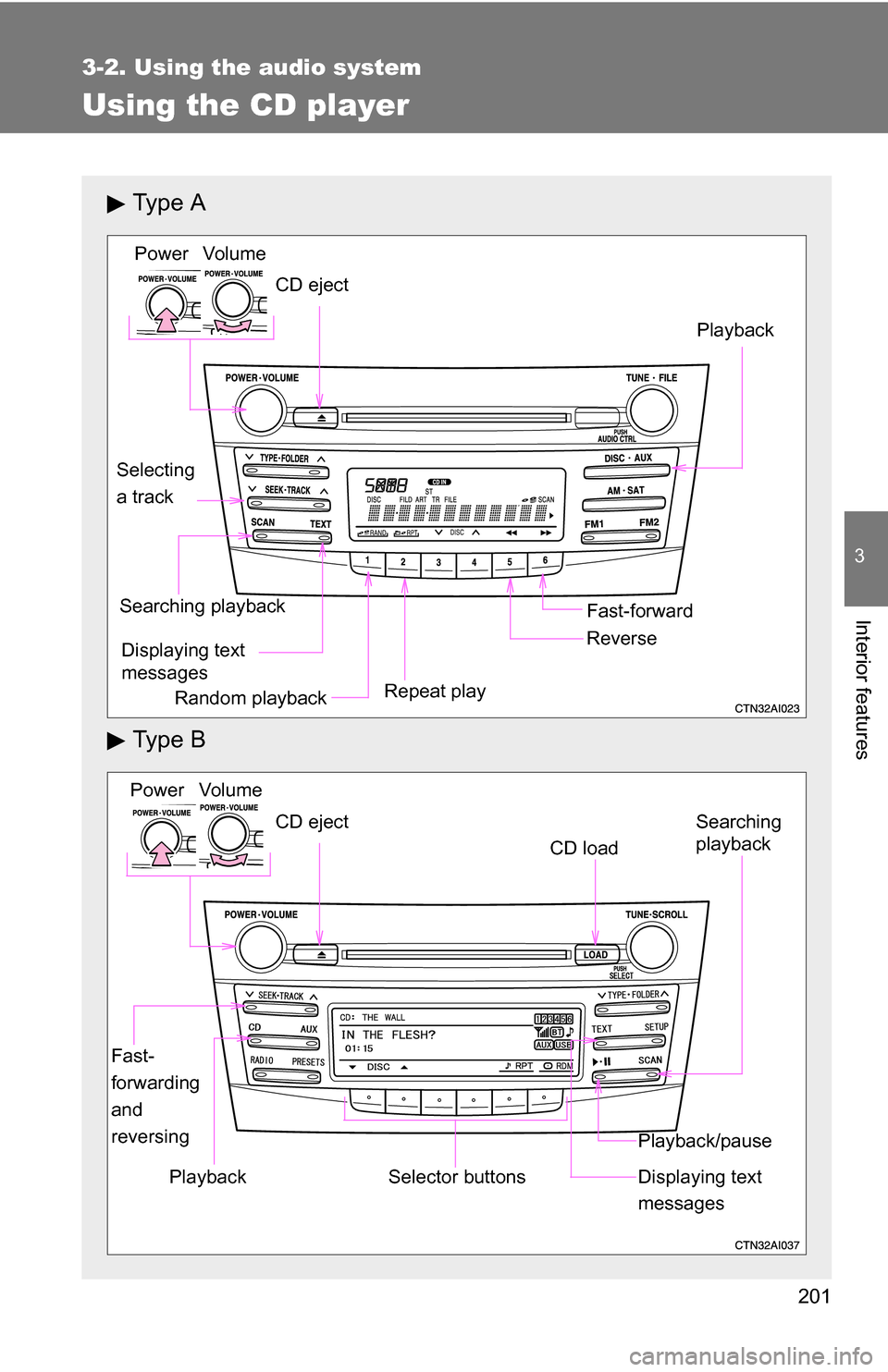 TOYOTA CAMRY HYBRID 2010 XV40 / 8.G Owners Manual 201
3-2. Using the audio system
3
Interior features
Using the CD player
Ty p e  A
Ty p e  B
Vo lu m e
Random playback Repeat play Playback
Power
CD eject
Displaying text 
messages
Selecting
a track
Fa