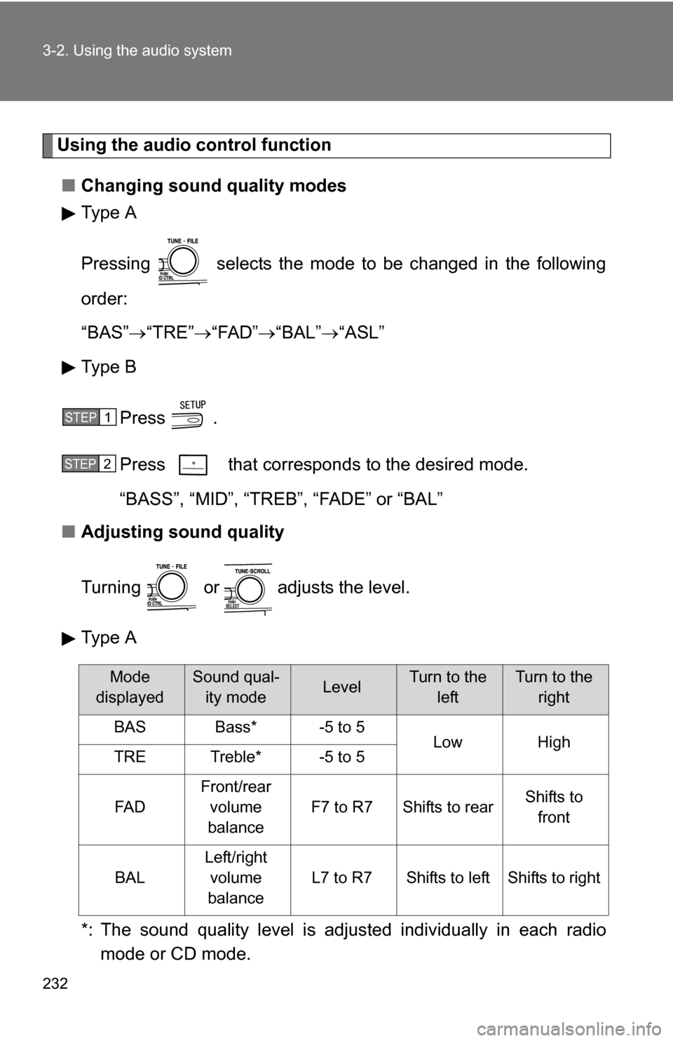 TOYOTA CAMRY HYBRID 2010 XV40 / 8.G Service Manual 232 3-2. Using the audio system
Using the audio control function■ Changing sound quality modes
Type A
Pressing   selects the mode to be changed in the following
order:
“BAS” “TRE” “F