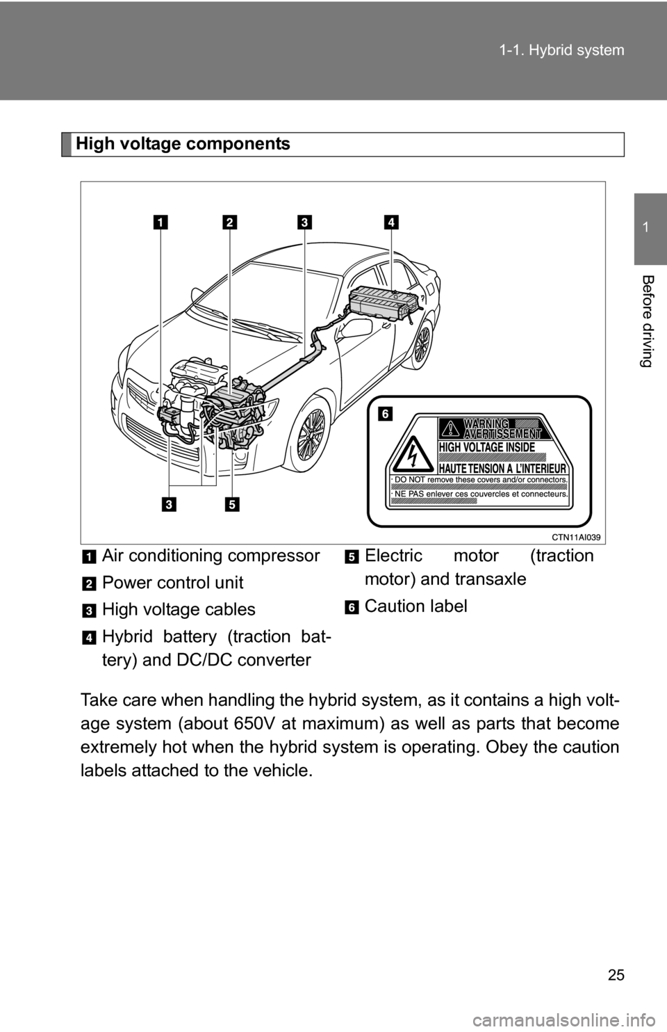 TOYOTA CAMRY HYBRID 2010 XV40 / 8.G Owners Manual 25
1-1. Hybrid system
1
Before driving
High voltage components
Take care when handling the hybrid sy stem, as it contains a high volt-
age system (about 650V at maximum) as well as parts that become
e