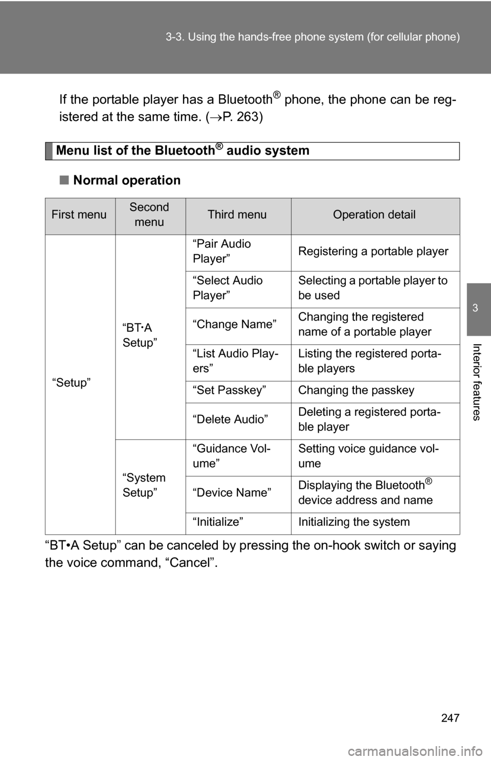 TOYOTA CAMRY HYBRID 2010 XV40 / 8.G Service Manual 247
3-3. Using the hand
s-free phone system  (for cellular phone)
3
Interior features
If the portable player has a Bluetooth® phone, the phone can be reg-
istered at the same time. ( P. 263)
Menu 